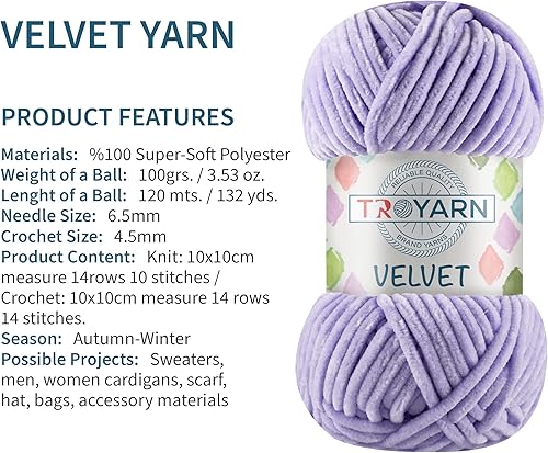 Miniatura 2 de Troyarn Hilo de terciopelo de chenilla para manta de bebé, hilo amigurumi, para tejer y tejer, súper voluminoso, 3.53 oz (132 yardas) (10115 - lila)
