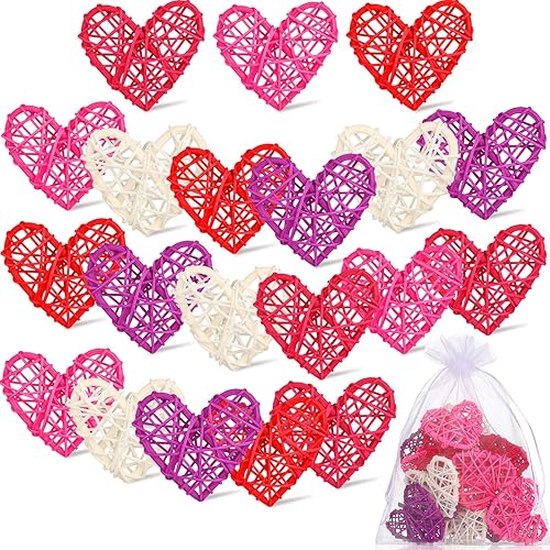 Jutom 20 bolas de mimbre natural en forma de corazón de San Valentín, colores mezclados, bolas decorativas de ratán, relleno de jarrón para