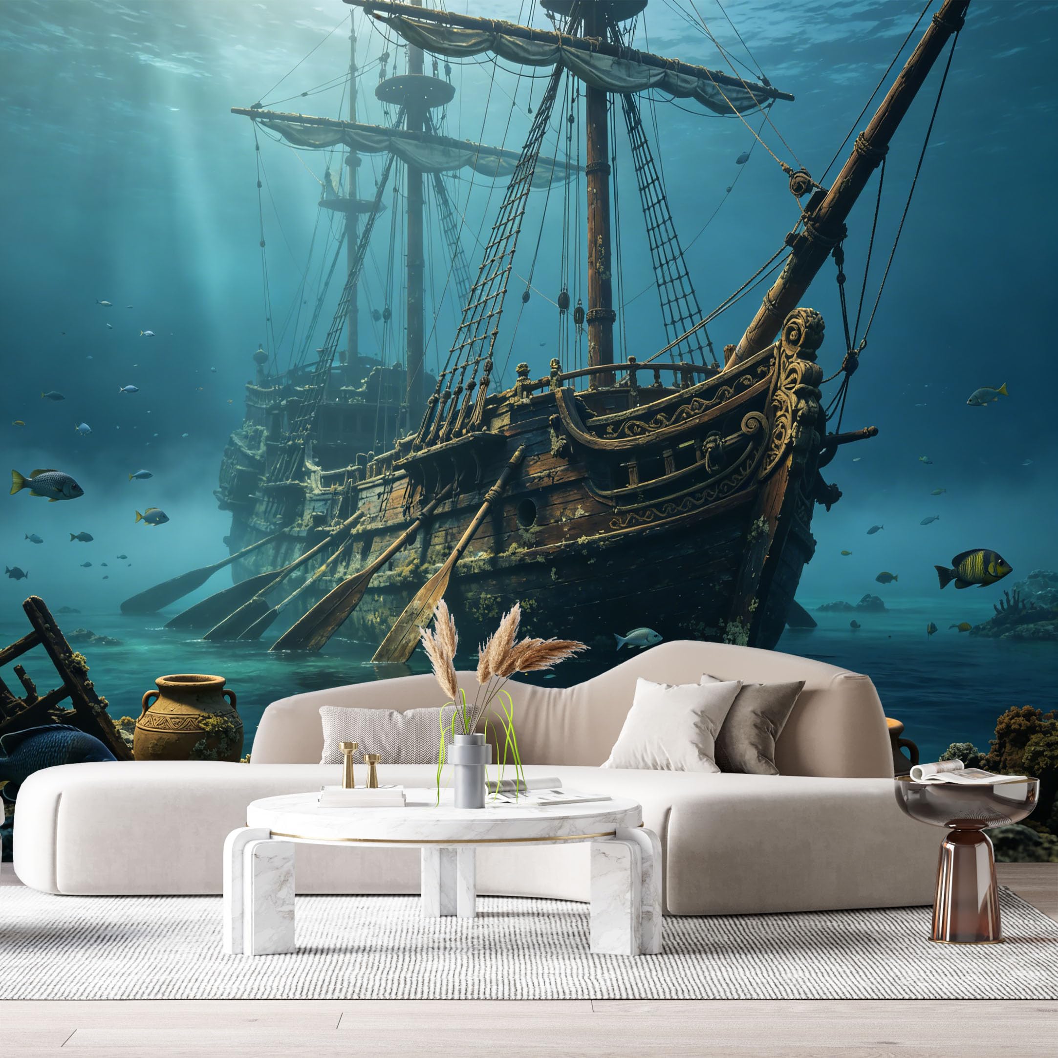 Custom Size Wall Murals Underwater Ancient Shipwreck Ocean Marine 3D Trompe L'Oeil SelfAdhesiveWall Fabric Removable Wallpaper Wall Decor for Living Room Bedroom Bathroom