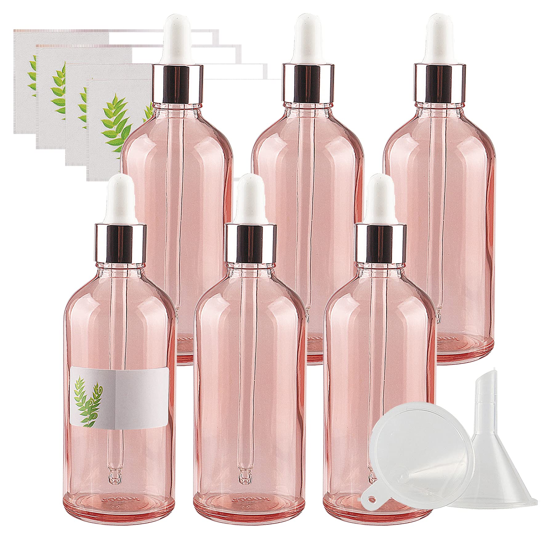 6 Pieza 100ml Rosa Botellas de Cristal con Pipeta, 100 ml Frasco Cuentagotas Cristal con Tapón de Rosca Rosa, Botella de Vidrio con Cuentagotas para Aceite Esencial Aromaterapia