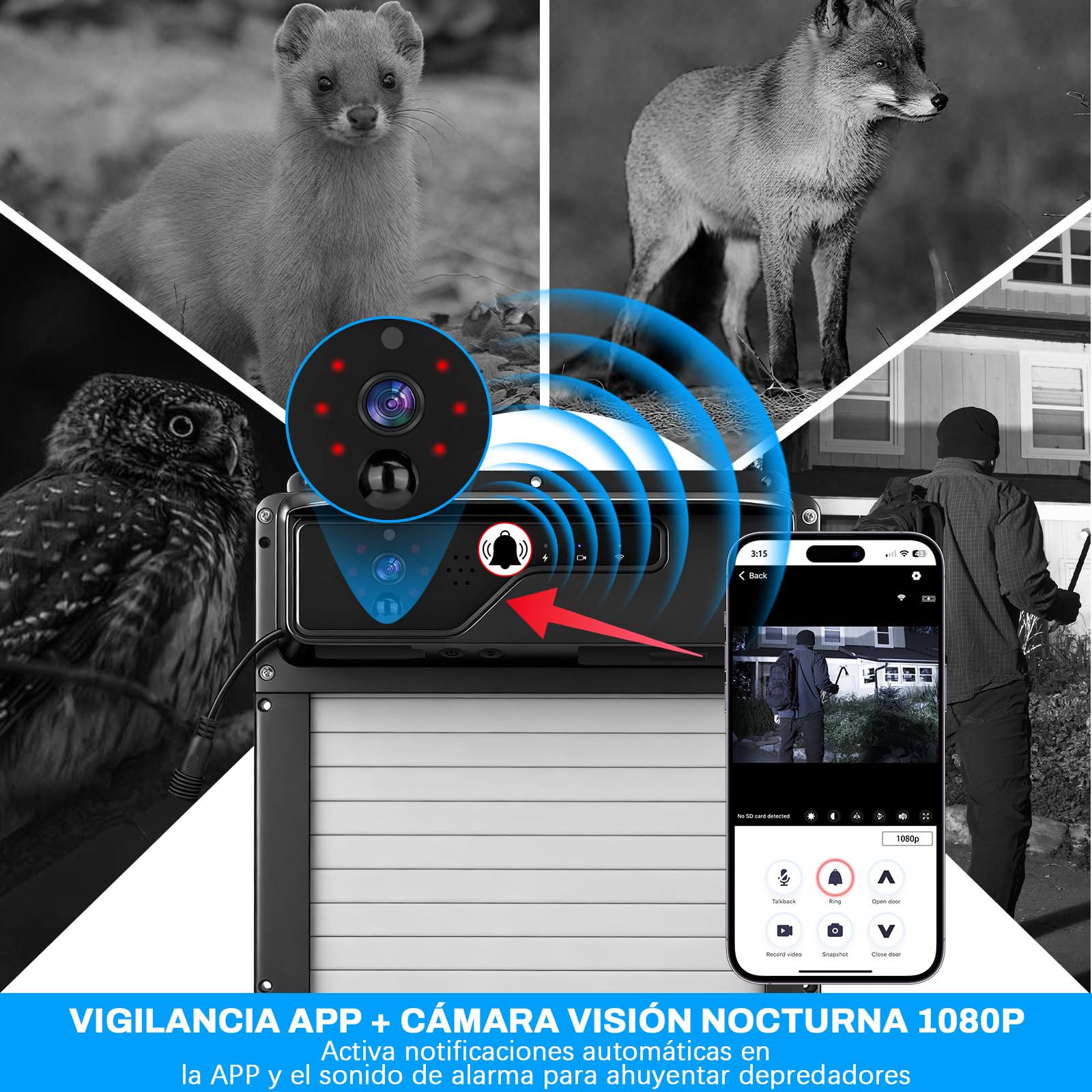 Puerta Gallinero Automatica Solar con Cámara 1080P, Control por Aplicación y WiFi, Visualización Estado Puerta en Tiempo Real, Función de Aviso sonoro y Temporizador, Batería 5000 mAh