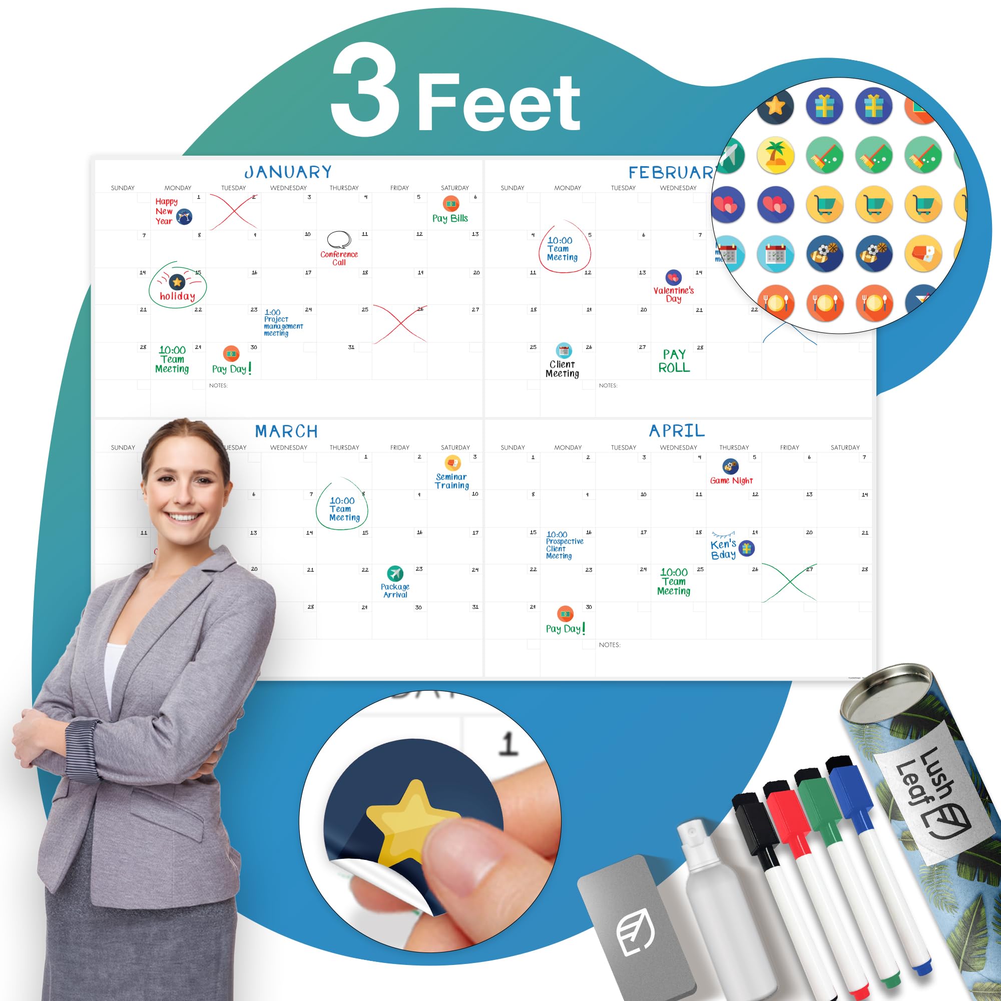 X Large Dry Erase Wall Calendar - 24"x 36" 4 Month Premium Giant Oversized Undated Erasable Deadline Task Calendar for 2020 - Jumbo Monthly Task Organizer Planner for Home, Business & Dorm Room