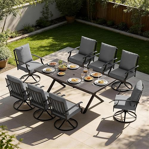 Miniatura 10 de Juego de 10 piezas de comedor para patio al aire libre, mesa de patio y sillas de ratán con agujero para paraguas, juego de mesa de comedor para 8