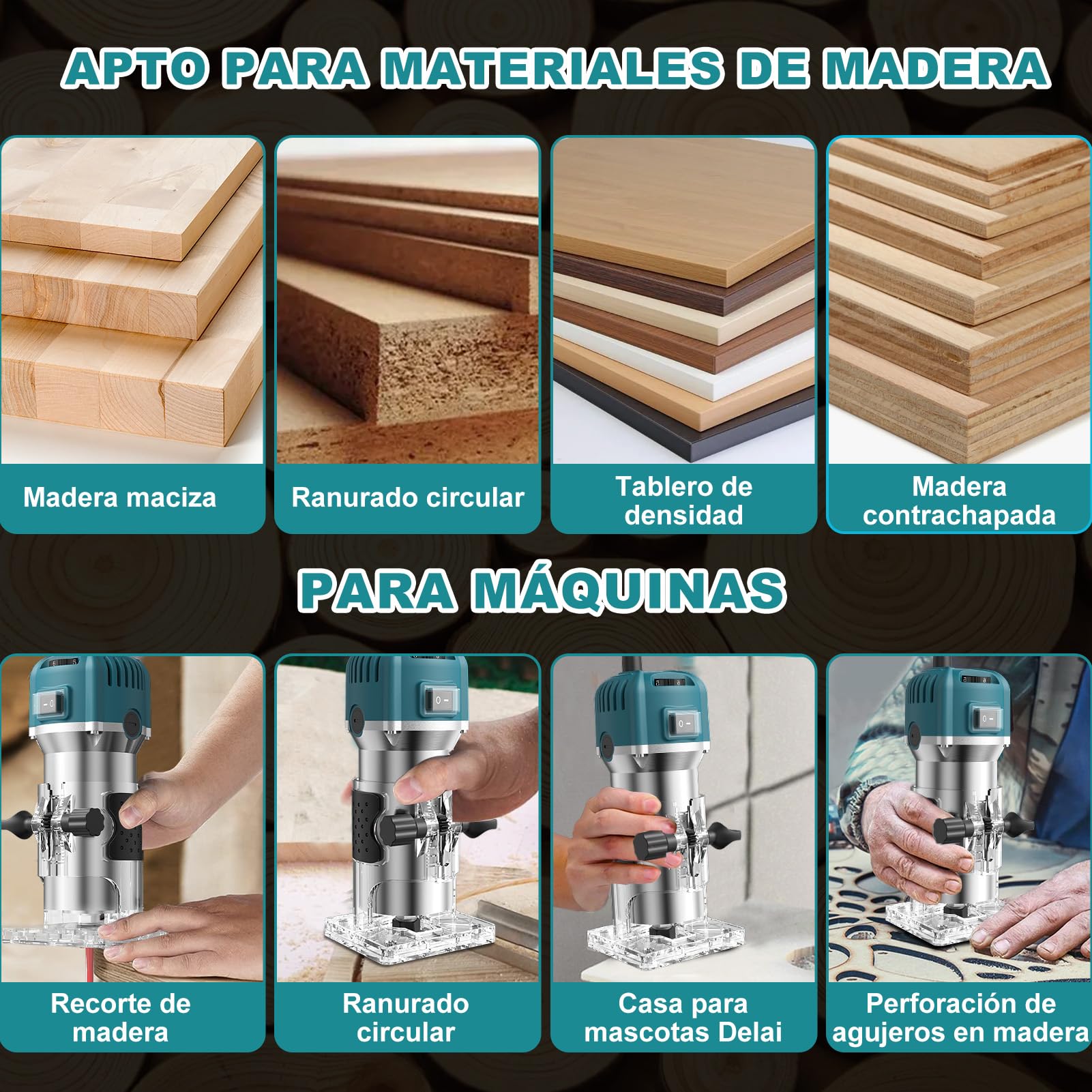 Fresadora Para Madera Compacta, 6,35 Mm Fresadora De Cantos De Mano Portátil, 800W 28000Rpm Fresadoras Eléctrica Para Madera Enrutador De Palma Eléctrico Con 15 Fresas