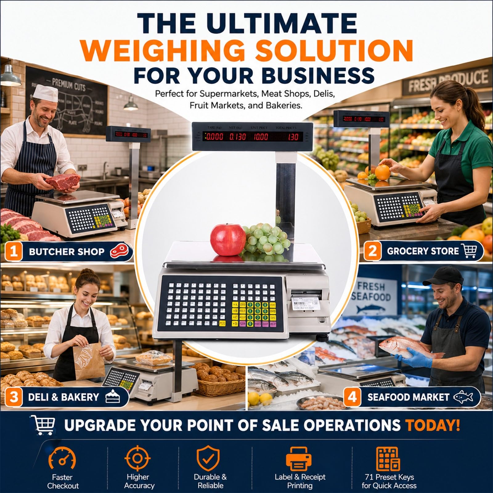 Báscula Electrónica Peso Precio para Tienda, 15kg/30kg Balanza Comercial Profesional con Impresora Ticket Térmico, Pantalla LCD Doble Vista, 71 Teclas Rápidas PLU(15kg/5g)