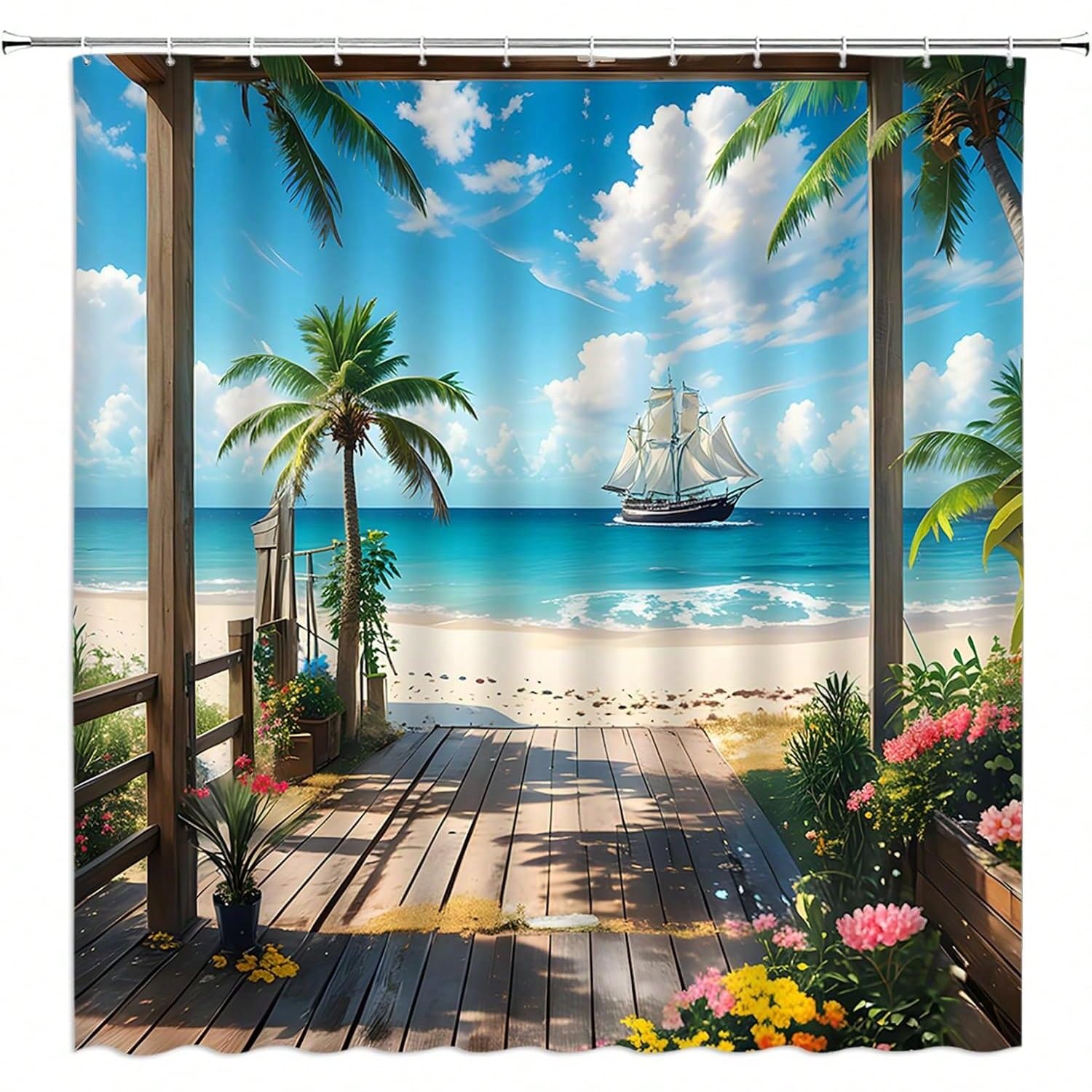 GLKSDLPO Ocean Beach Shower Curtain Tropical Palm Tree Sea Waves Hawaiian Sunrise Coastal Seaside Scenery Landscape Bathroom Decor(88x210cm/35x83in(WxH)