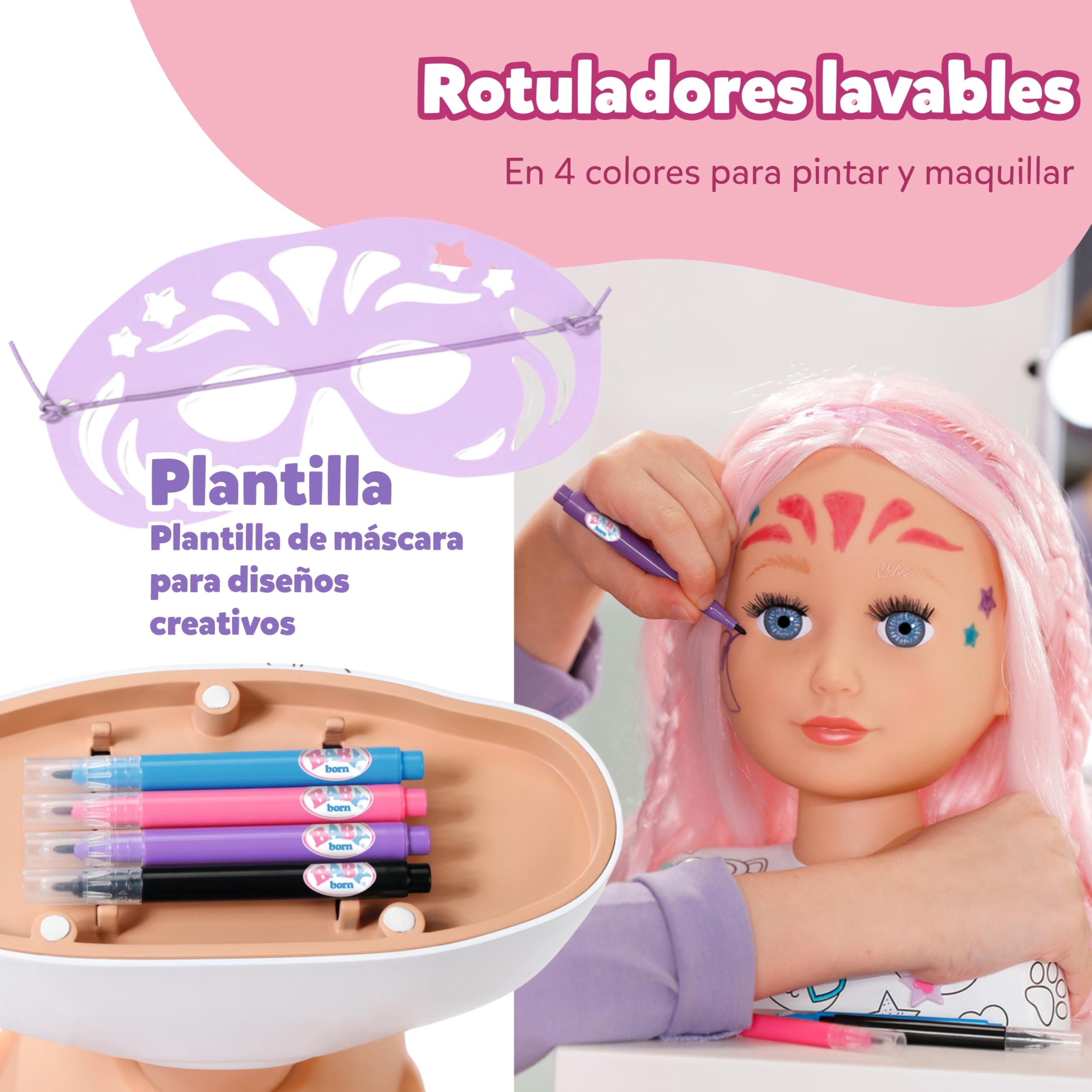 Baby Born Styling Cabeza Creativa – con Pelo Rosa, rotuladores y más de 20 Accesorios. para niños a Partir de 3 años