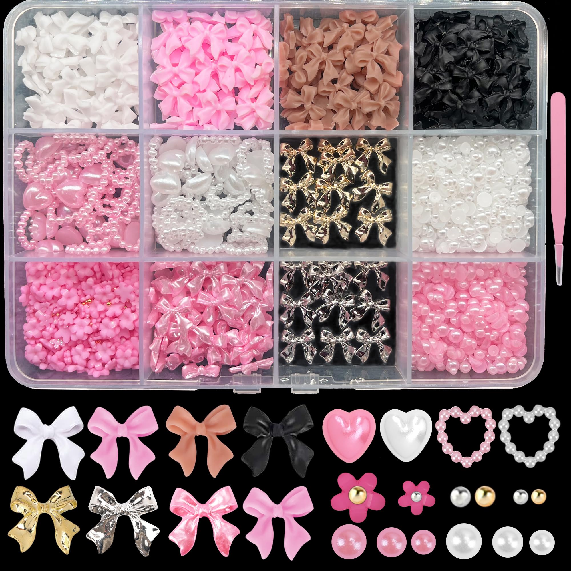 800 PCS 3D Nail Charms Bulk 8 Colors Bow Nail Charms Y2K Flower Rose Heart Star Pearl Nail Charms and Gems for Nails Design Nail Pearls Charms for