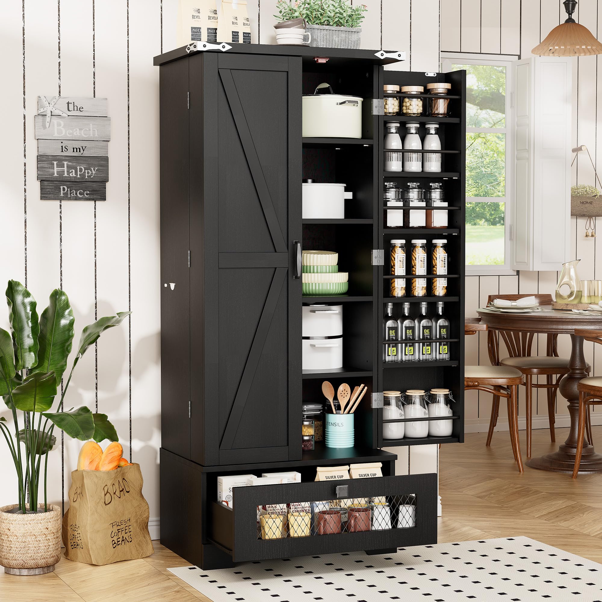Kitchen Pantry Cabinet, Pantry Storage Cabinet with Adjustable Shelves and Drawer, Kitchen Buffet Cupboards Storage Shelf for Home Office Use (Black, 16" D x 24" W x 55" H)