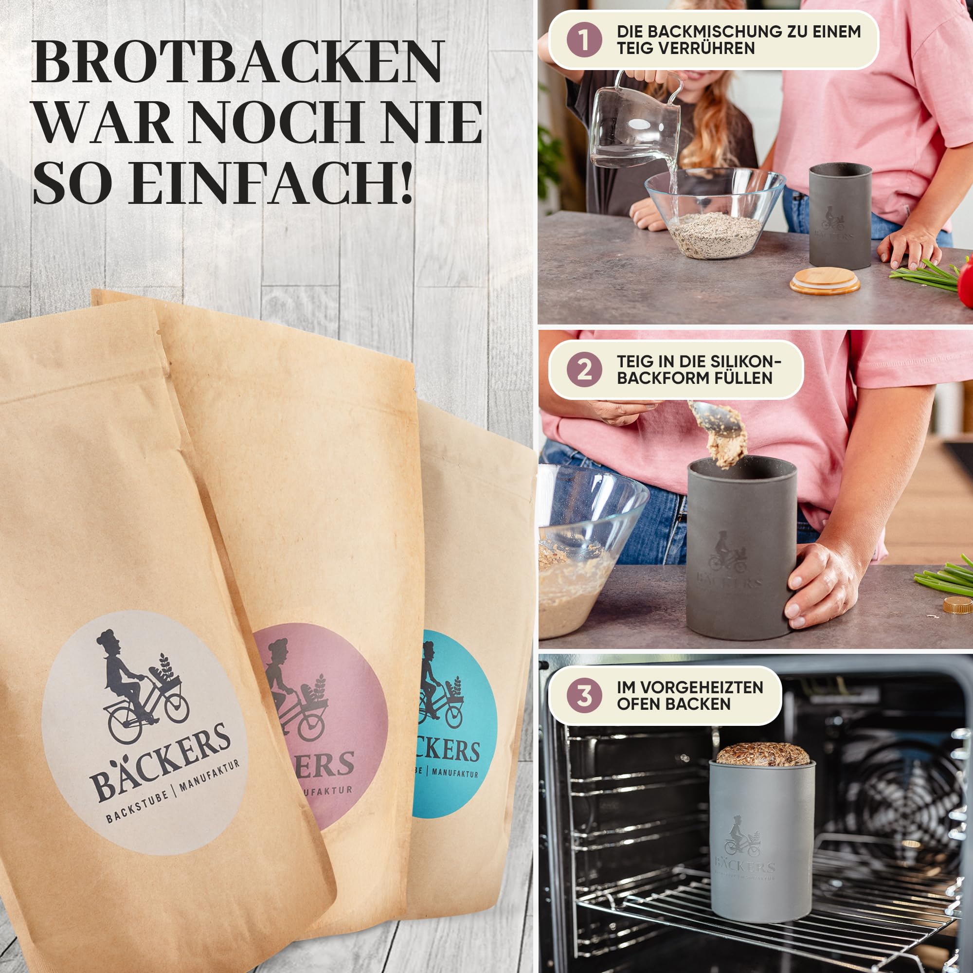 BÄCKERS® Brotback-Starterset, 3 Brotbackmischungen mit einzigartiger Silikon-Backform (Made in Germany) | Einfach leckeres Brot backen - ohne Zusatzstoffe & immer frisch