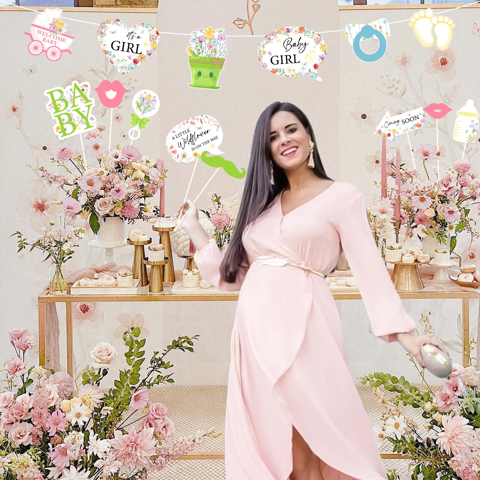 Wildblumen-Babyparty-Dekoration – Banner & Wirbel, 17-teilig, „A Little Wildflower Is On The Way“