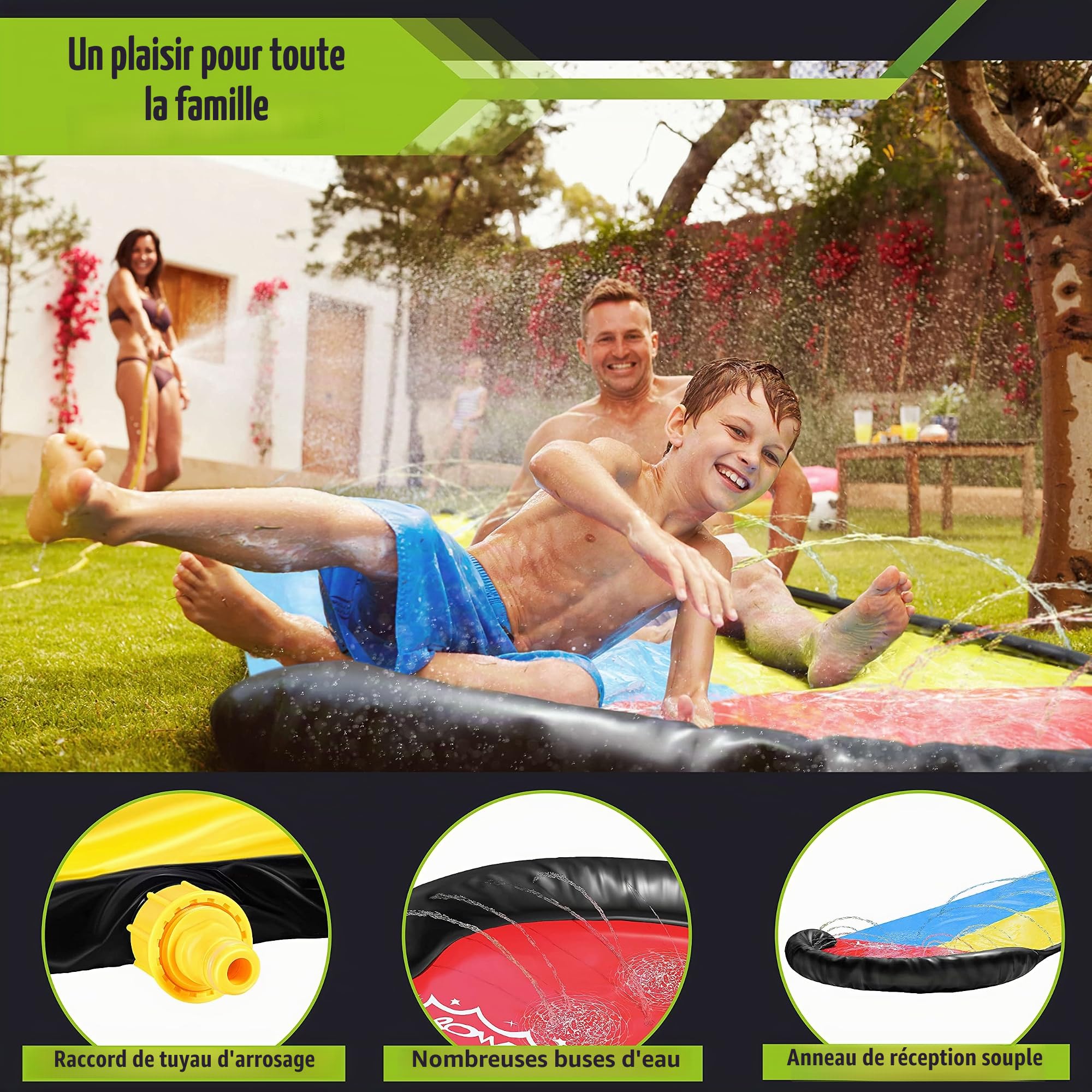 Balinco Toboggan à Eau I Double Toboggan à Eau I Waterslide I Water Slide I Longueur 4.80 m x Largeur 1.40 m I 2X Planche de Surf Incluse I Été I Extérieur I Amusement I Jouets pour Adultes & Enfants