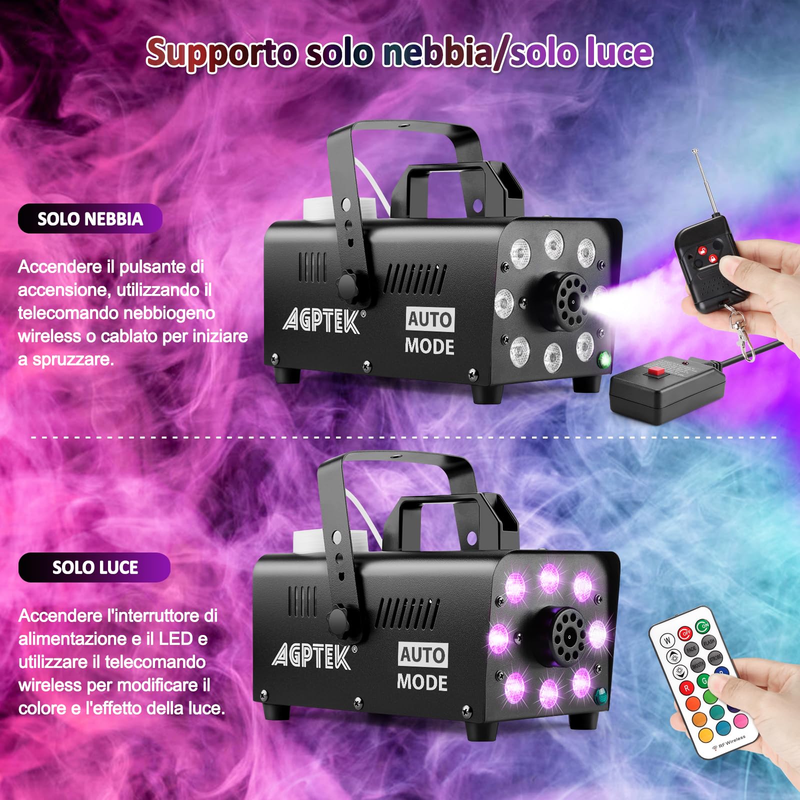 AGPtEK Macchina del Fumo 500 W 2000CFM 13 LED RGB Telecomando