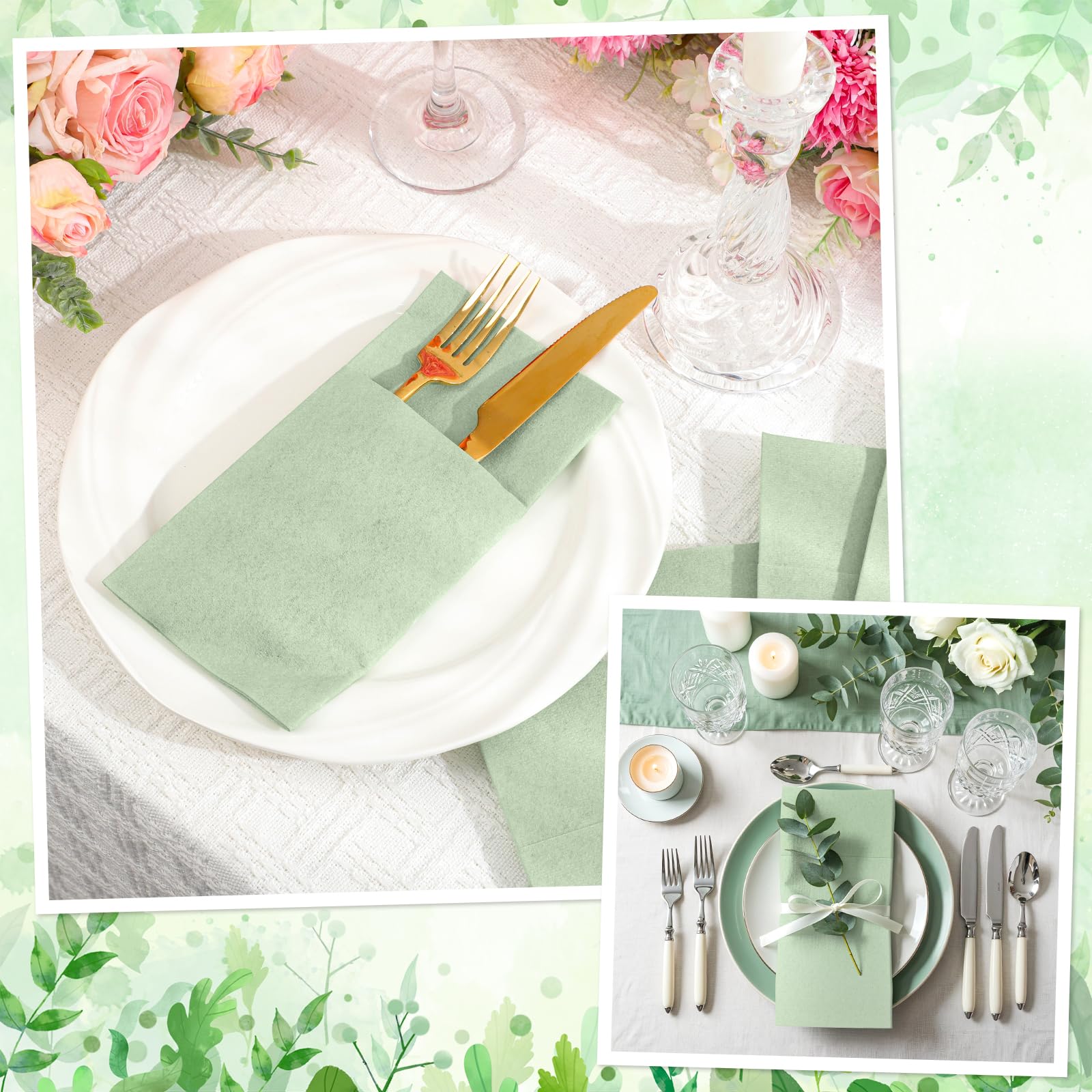 Lot de 60 serviettes de table jetables en lin avec poche intégrée pour couverts, mariage, fête prénatale, fête de mariage (vert sauge)