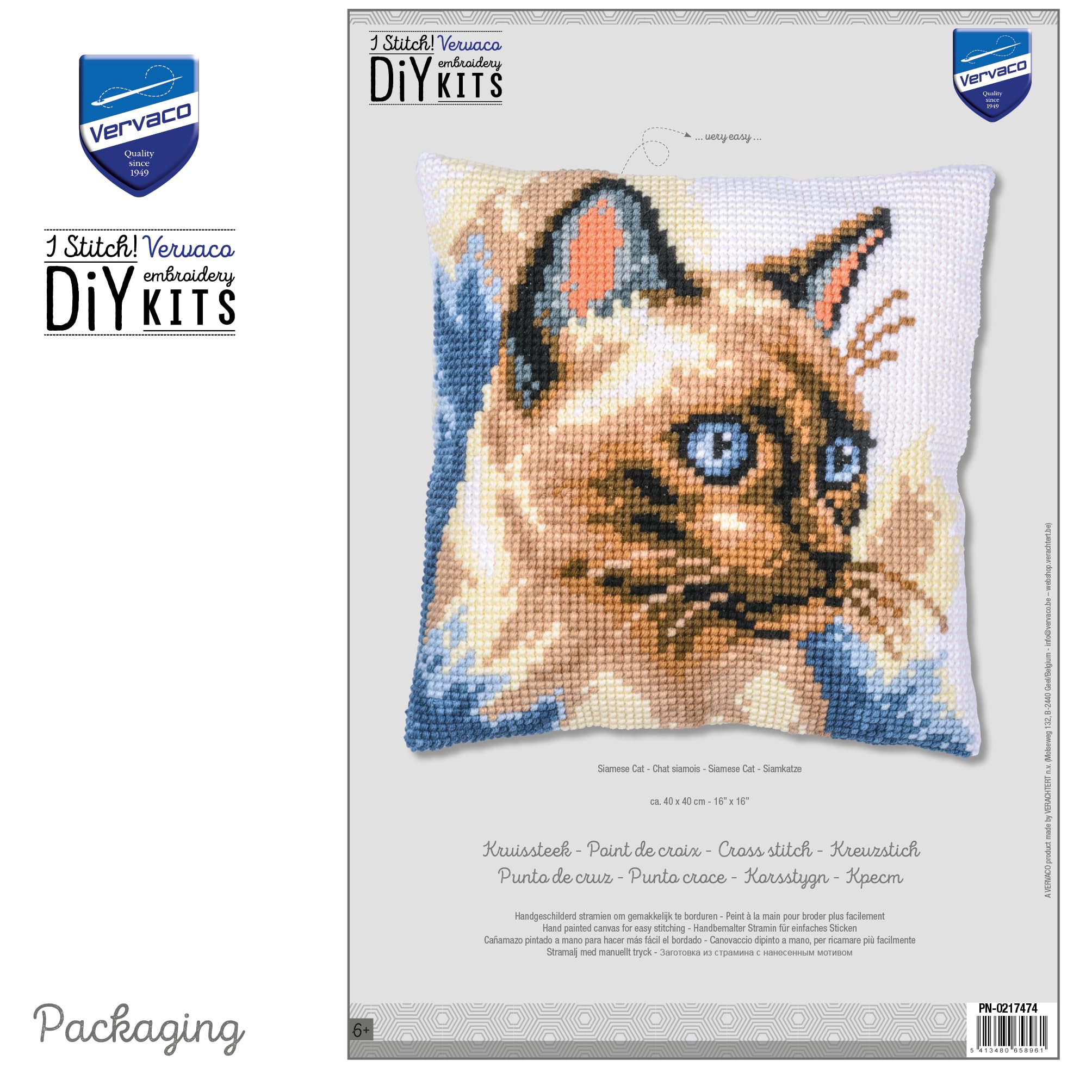 Vervaco Punto De Cruz Kit Cojin Decorativo Gato siamés Manualidades Adultos Decoracion Bordar Kit Principiantes Completo DIY Bordado Creativo Regalo ca. 40x40 cm Cross Stitch Embroidery40 x 40 cm
