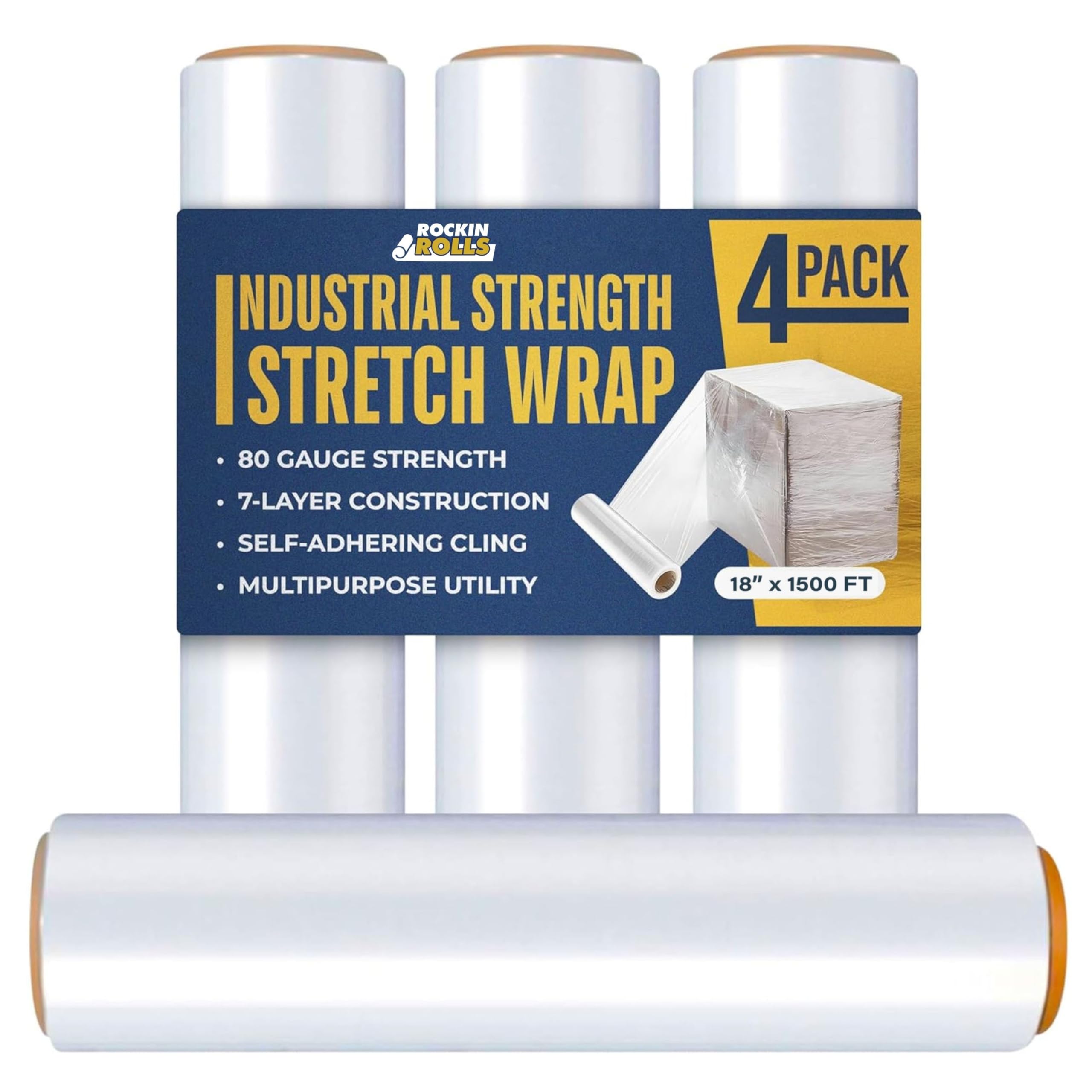 Rockin Rolls Stretch Film Wrap, 4 Rolls Heavy Duty Pallet Wrap – 18" x 1500 FT x 80 Gauge, Clear Plastic Moving Wrap for Packing, Shipping, Furniture