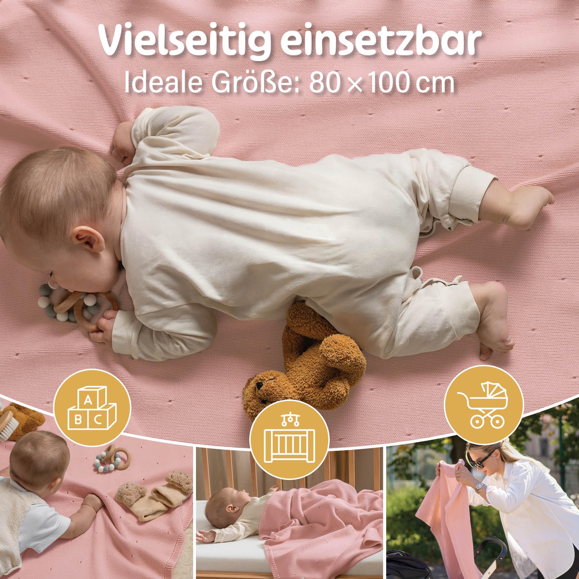 Merle Toys® Premium Babydecke Baumwolle, 100% Bio - GOTS & Oeko-TEX Zertifizierte Strickdecke, Baby Decke Neugeborenen, Kuscheldecke Baby, Blanket Newborn Cotton, Babydecke Bio Baumwolle, Rosa