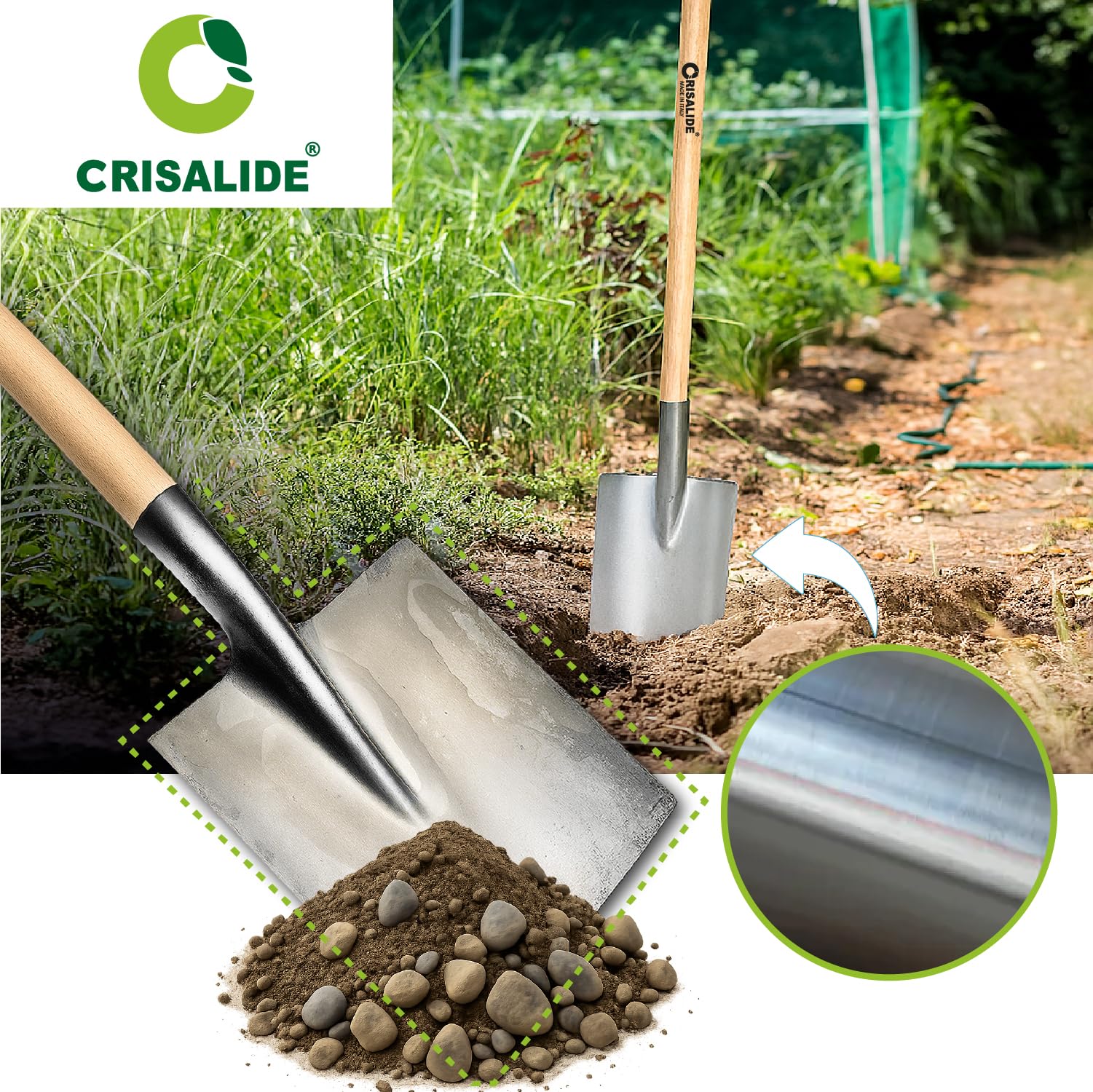 Crisalide® Vanga da Giardino in Acciaio – Manico in Legno di Faggio da 135 cm – Lama Rettangolare per Scavo, Trapianto e Lavori su Tutti i Terreni – Robusta, Professionale e Affilata