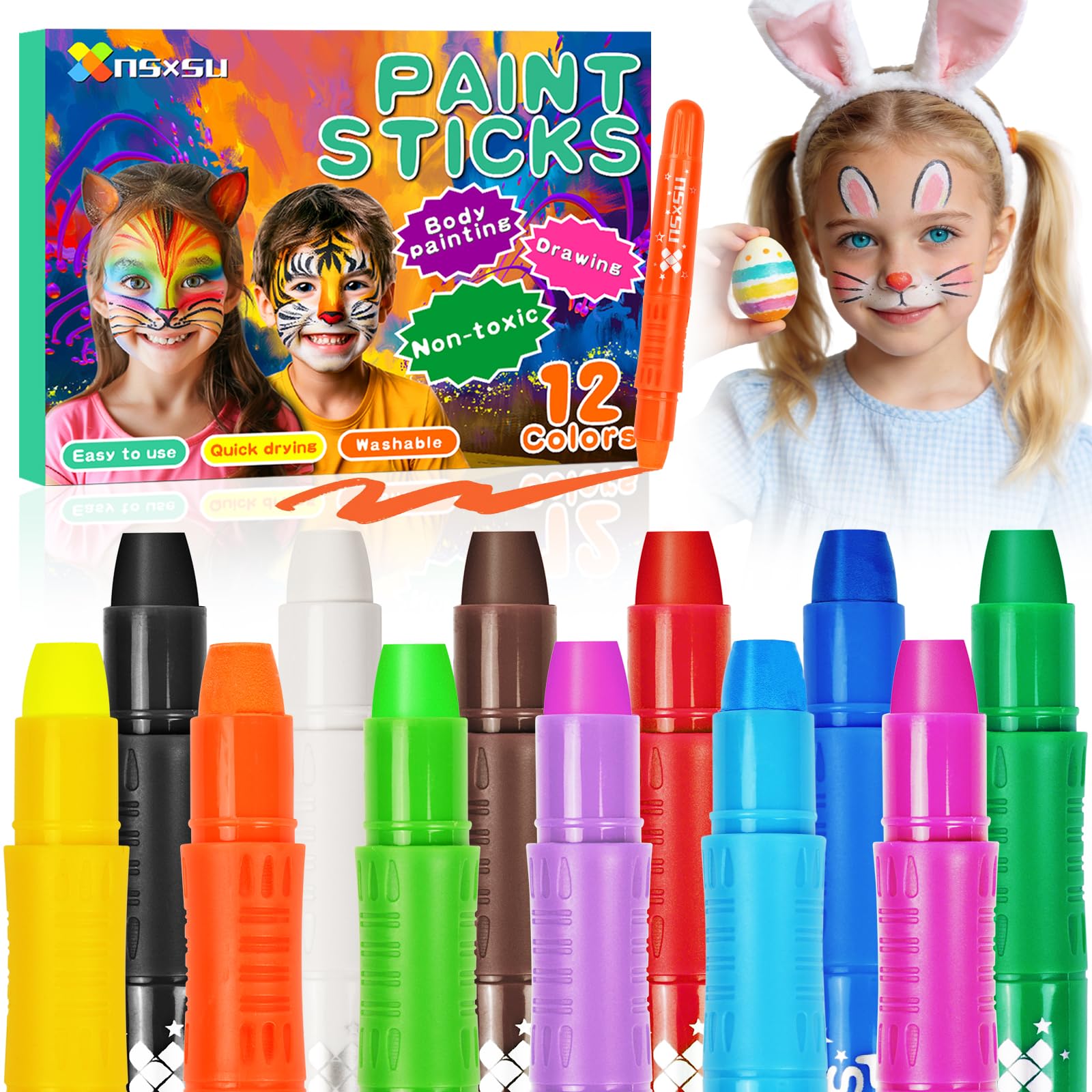 nsxsu Face Paint Sticks for Kids 12 Colors, Washable Face Painting Crayons for Children, Mess-Free Body Paint Pens Makeup Kit for Birthday Party Creative Play, Toddler Easter Basket Stuffers Halloween