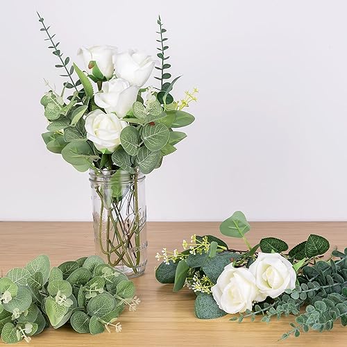 Juego de 96 tallos de eucalipto sintético, tallos de vegetación mixta, hojas de eucalipto artificiales a granel, centros de mesa para mesas,