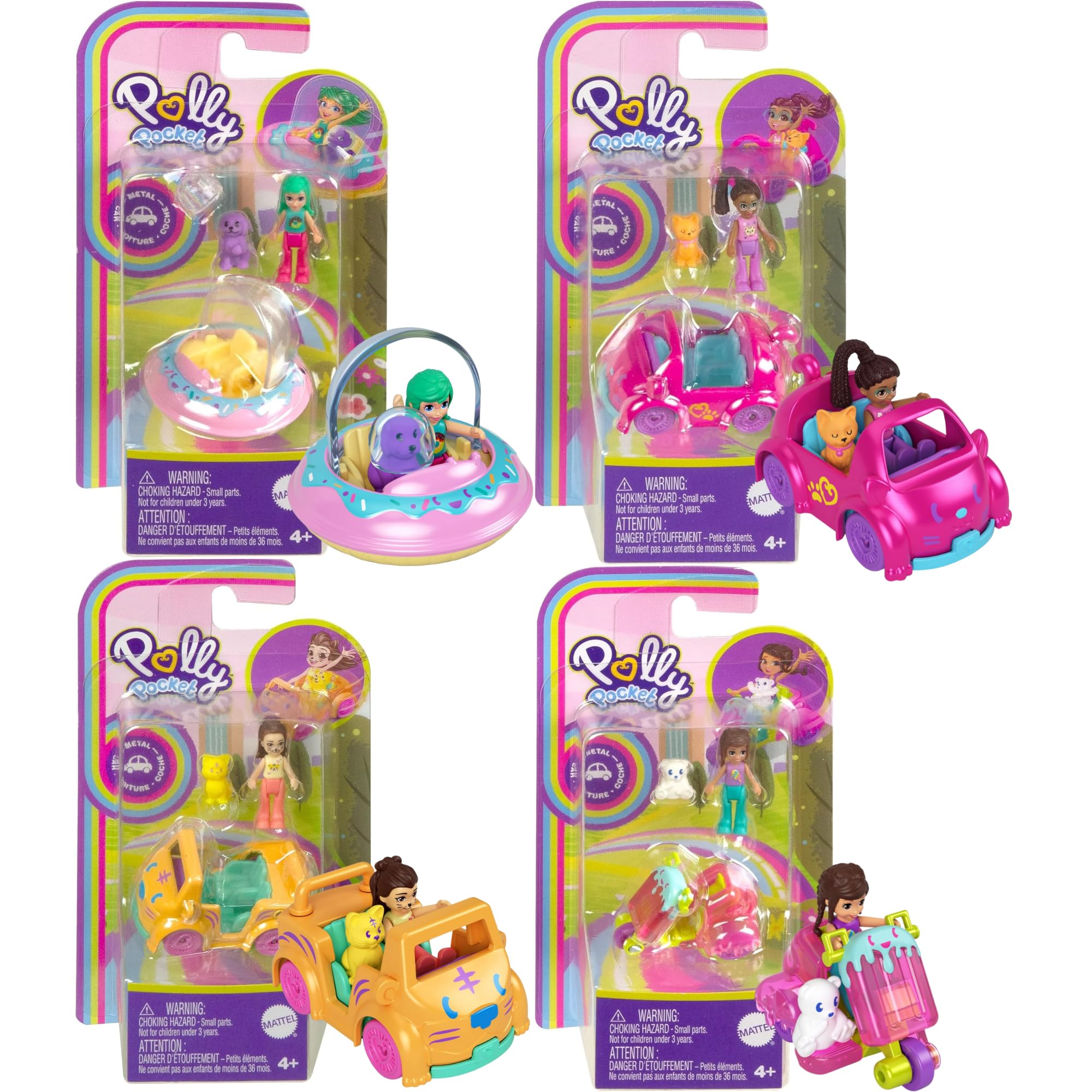 Polly Pocket Pollyville Vehicle Accesory & Character Playsets - (4 Pack Set 1), Silver/Gray