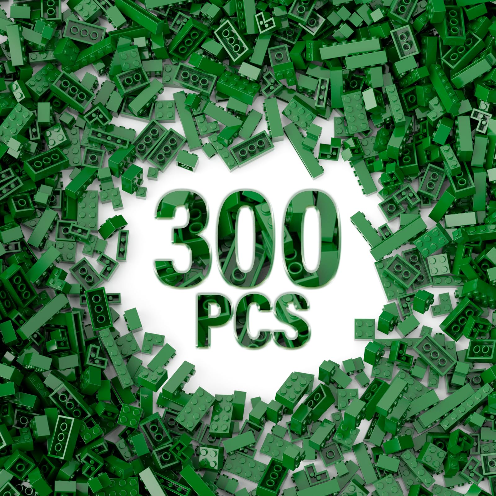 300 Piece Green Bricks Bulk Assortment Pack, Brick Accessories for Building with 12 Size, Compatible with Lego Parts and Pieces