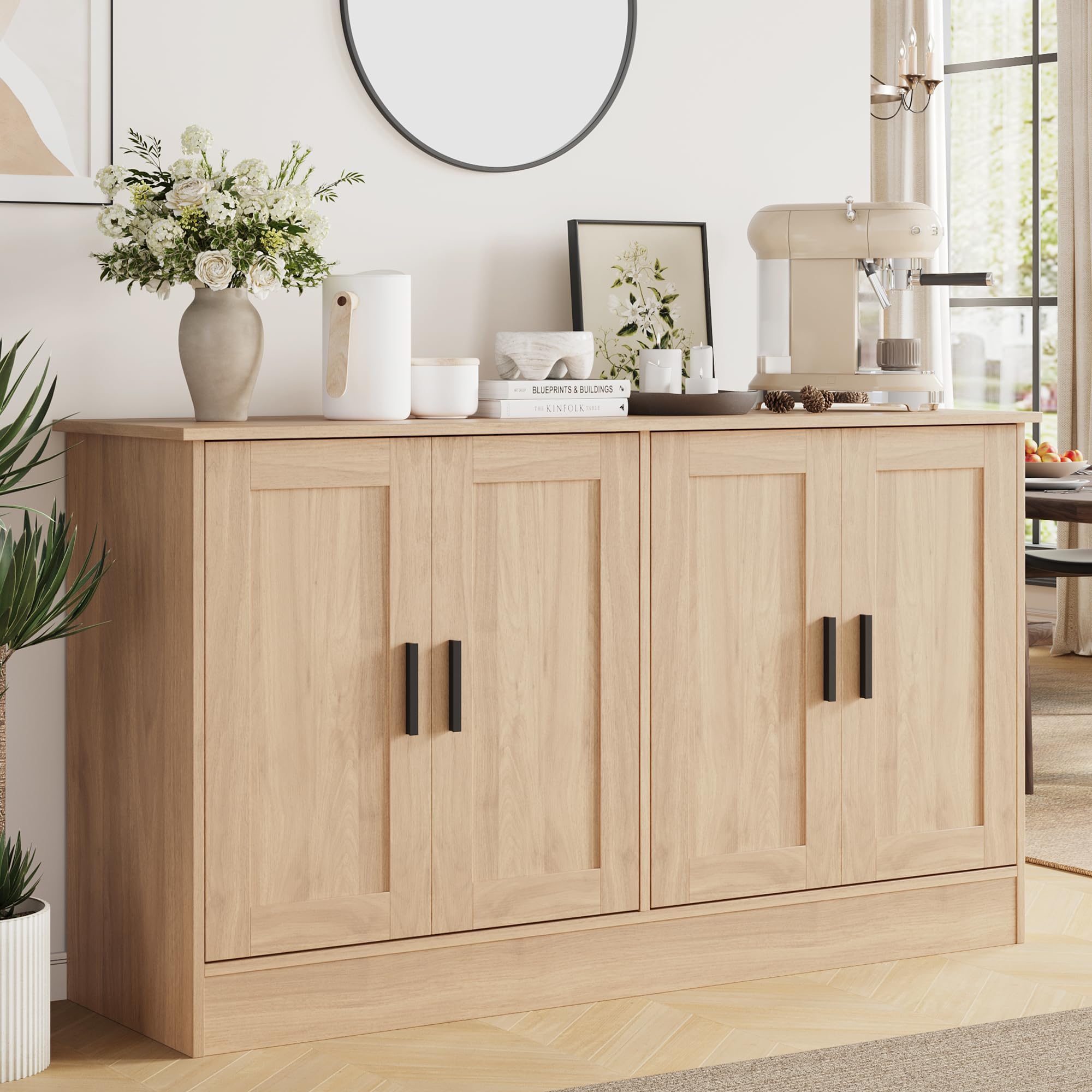 Anystyle 53" Oak Buffet Cabinet with Storage, Modern Kitchen Sideboard with 4 Doors & Adjustable Shelves, Entryway Credenza & TV Console Table for Living Room, Dining Room