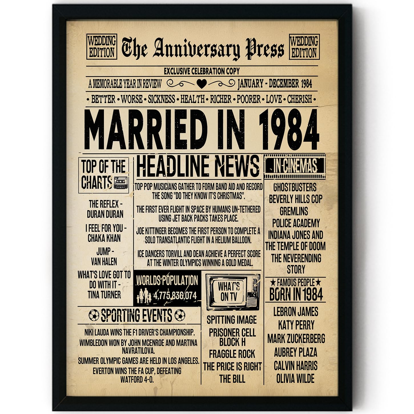 Stuff4 Men's 1984 42Nd Anniversary Poster Framed - Married In Newspaper - 42 Wedding Anniversary For Wo Retro Vintage Gifts Back In 8X10 Inch Anniversaries Posters