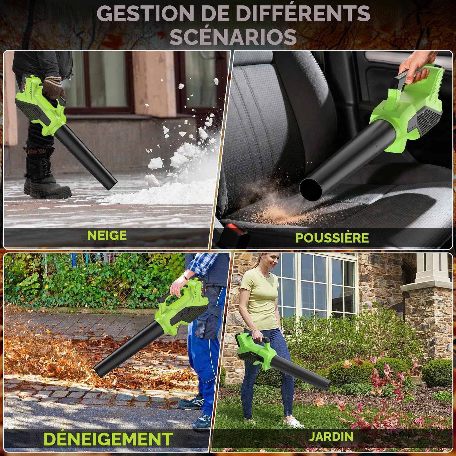 Souffleur de Feuilles, Souffleur Batterie avec 6 Vitesses, Débit d’air de 980 m³/h, 15000 TR/Min, Souffleur Feuille avec 2x4000 mAh Batterie pour Jardin Cour Pelouse