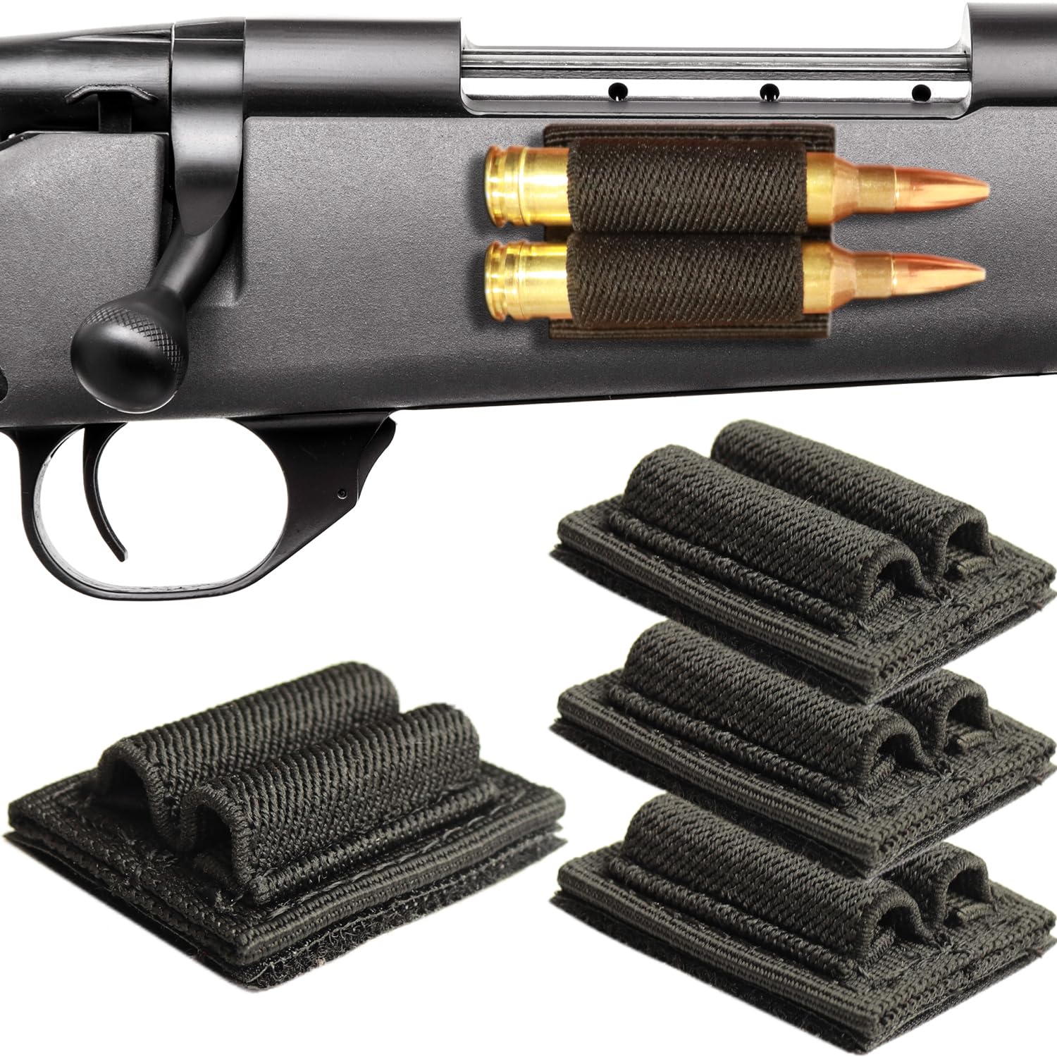 Bullet Holder 2 Rounds | Rifle Ammo Holder with Hook&Loop and Adhesive Backing Sticker | 223 308 30-06 Cartridge Reloader for Rifles Side and Buttstock, Two Round Gun Shell Stock Pouch - 4 Pack
