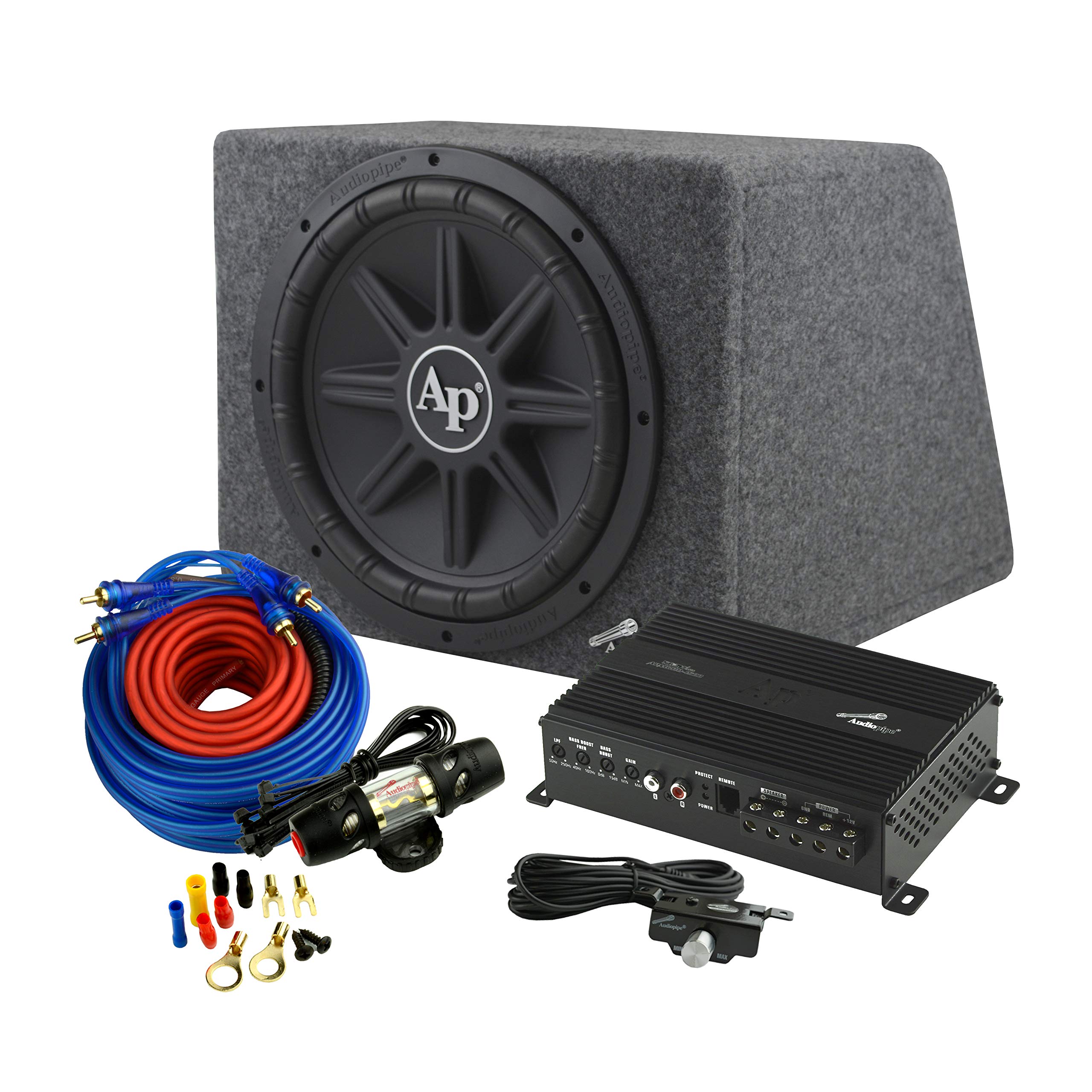 Audiopipe APSB-1211PX Single 1000 Watt 12 Inch Enclosed Car Audio Subwoofer Speaker, Micro Class D 500 Watt Amp, & 10 Gauge Wire Installation Kit