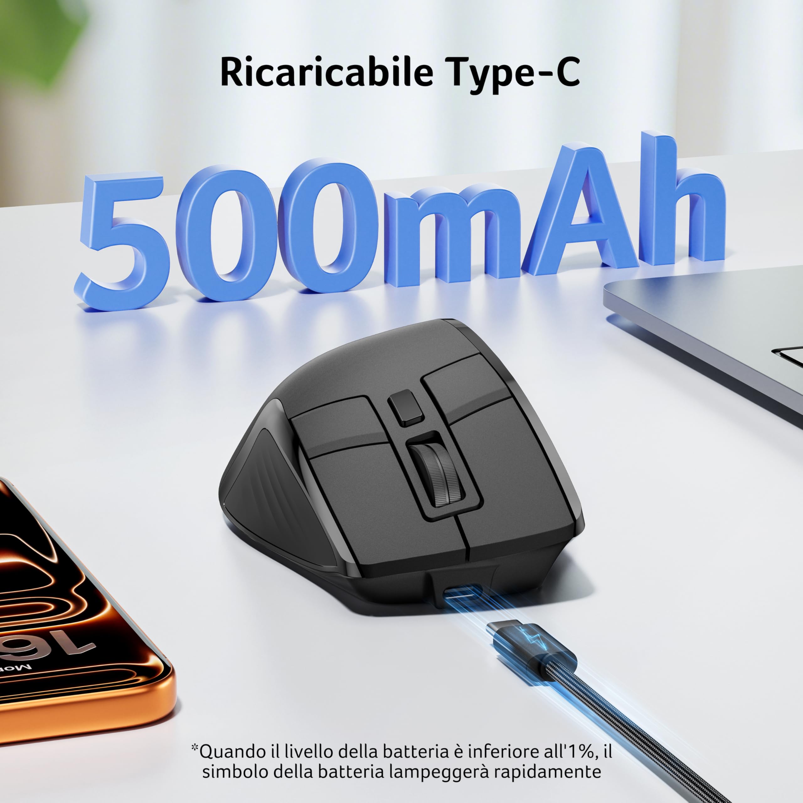 Acer Mouse Wireless Tri-Mode con Schermo OLED, Mouse Bluetooth 4000 DPI | Per 4 Dspositivi (2,4 GHz + Bluetooth 5.2 + cablato), Mouse Ergonomico Ricaricabile, 5 Pulsanti Programmabili per PC