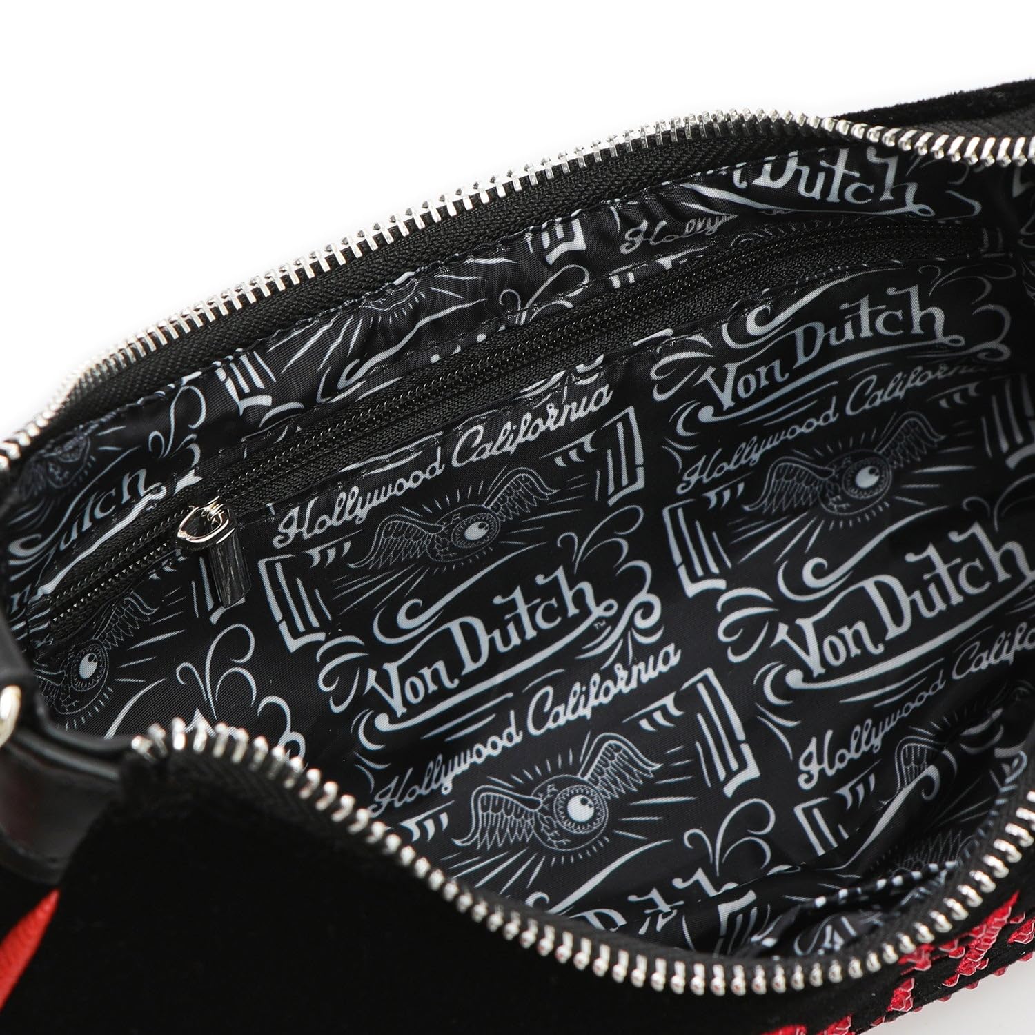 Von Dutch Womens Rhinestone Shoulder Bag – Stylish Handbag with Adjustable Strap, Spacious Interior, and Iconic Logo Design (Black and Red Rhinestone)
