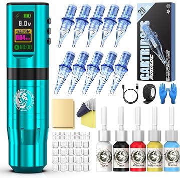 Tattoo Gun Kit, Wormhole Tattoo Kit Wireless Tattoo Machine with Digital Led Display 1,800 mAh Power Supply Smart Tattoo Pen Cartridge Needles WTK277