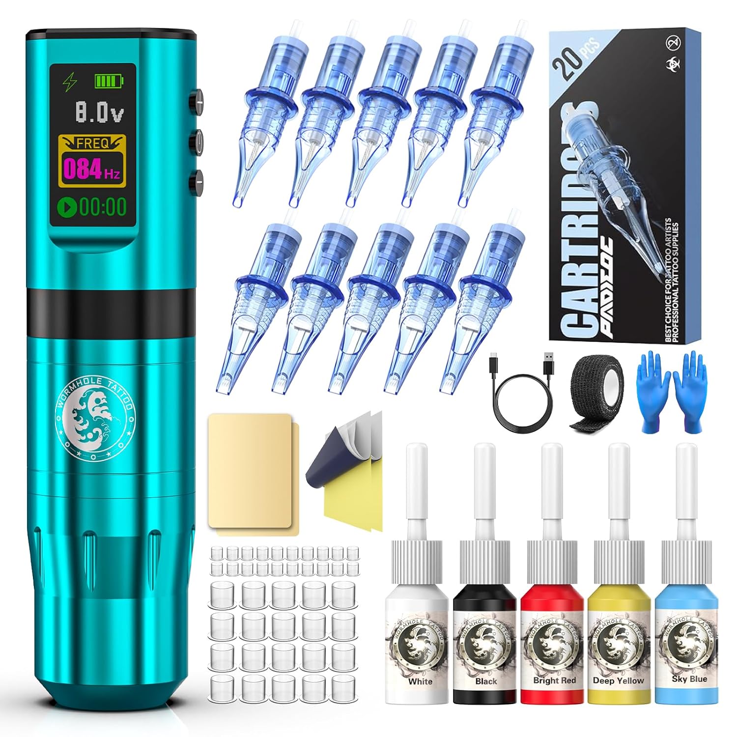 Wormhole Tattoo Kit Wireless Tattoo Machine Kit with Digital Led Display, 2,100 mAh Tattoo Power Supply, Tattoo Pen, Tattoo Cartridge Needles, WTK277, Blue