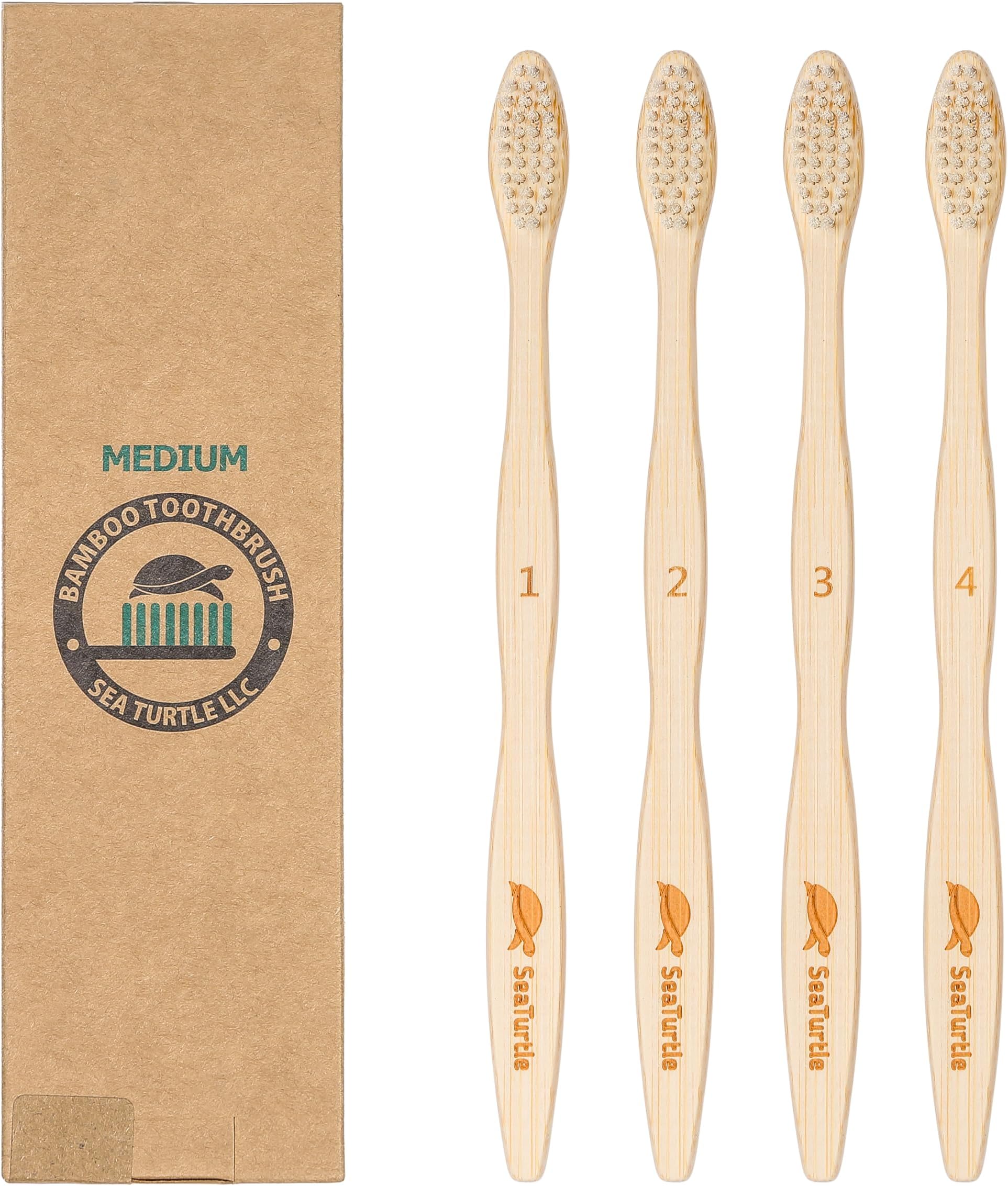 Sea Turtle Plant-Based Bristles, Medium Bamboo Toothbrushes, Medium Natural Toothbrush for Adults (4 Pack)