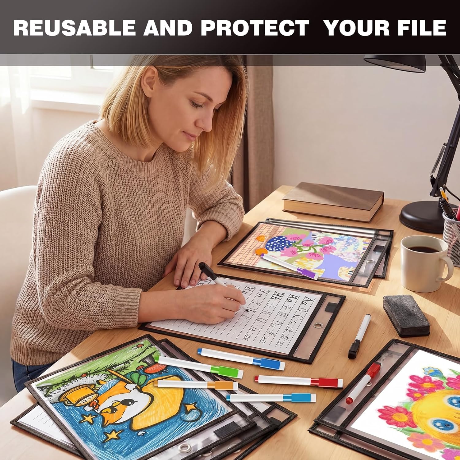 36 Pack Black Dry Erase Pockets, 10" x 14" Clear Plastic Sleeves for Classroom, Teacher, Office Supplies, with 6 Metal Clasps and 6 Colored Markers