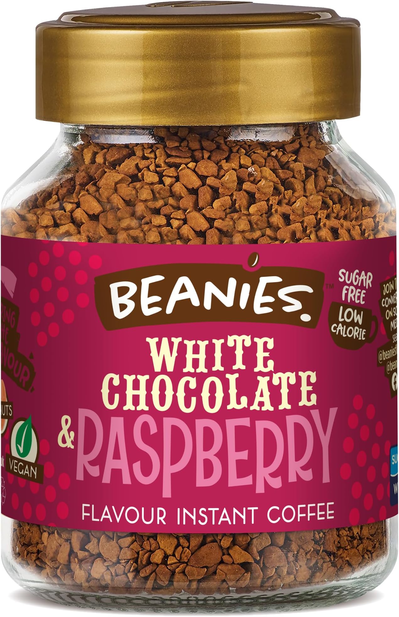 Beanies Flavour Instant Coffee -White Chocolate & Raspberry Instant Flavored Coffee - Bold & Adventurous Full-On Flavor - An Indulgent Sugar Free Taste Explosion - Low Calorie - Vegan & Gluten Free - Wheat & Dairy Free, 6 x 50g jar