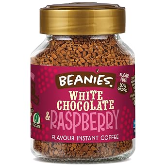 Beanies Flavour Instant Coffee -White Chocolate & Raspberry Instant Flavored Coffee - Bold & Adventurous Full-On Flavor - An Indulgent Sugar Free Taste Explosion - Low Calorie - Vegan & Gluten Free - Wheat & Dairy Free, 6 x 50g jar