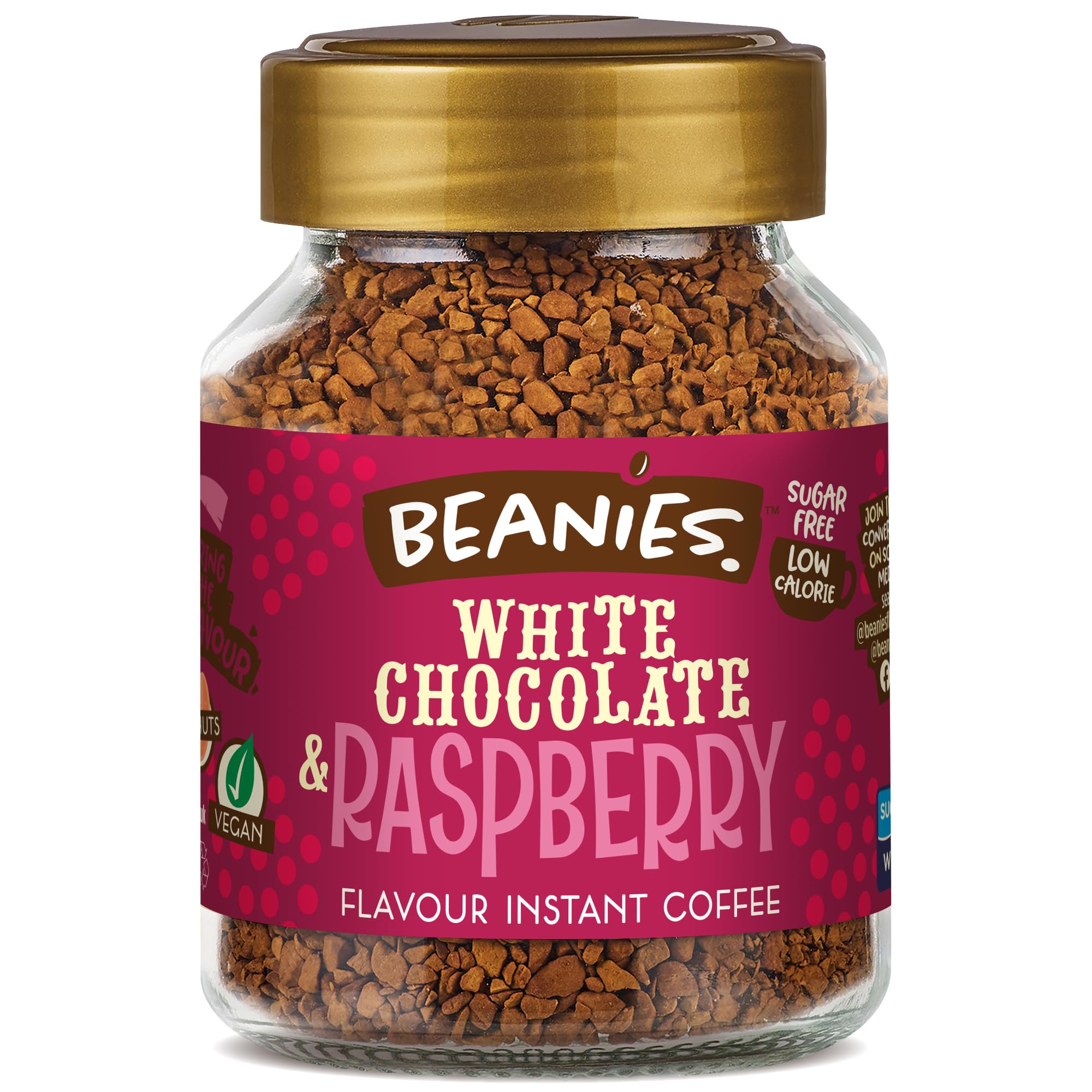 Beanies Flavour Instant Coffee -White Chocolate & Raspberry Instant Flavored Coffee - Bold & Adventurous Full-On Flavor - An Indulgent Sugar Free Taste Explosion - Low Calorie - Vegan & Gluten Free - Wheat & Dairy Free, 6 x 50g jar