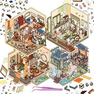 DIY 3D Fun House Stickers, 4 Sets Miniature Cute Rabbit Room Scene Stickers Make Your Own Mini Vintage Building Sticker Scenes for Adult Relief Stress Pass The Time