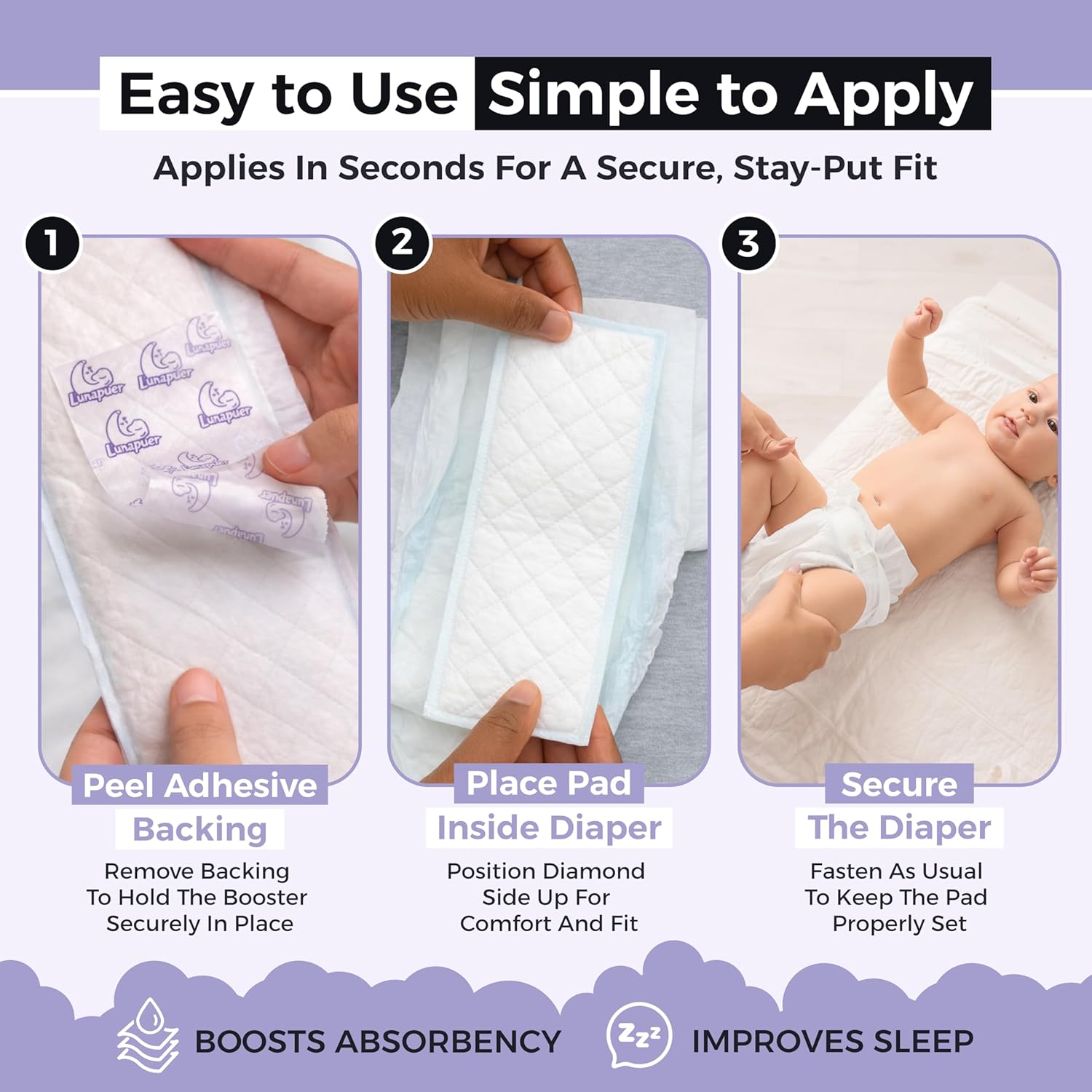 Diaper Booster Pads Overnight – Adhesive Diaper Inserts for Boys & Girls – Overnight Liners for Sizes 4–6 – Stops Leaks, Reduces Rash – Booster Pads Baby (32 ct.) - Image 3