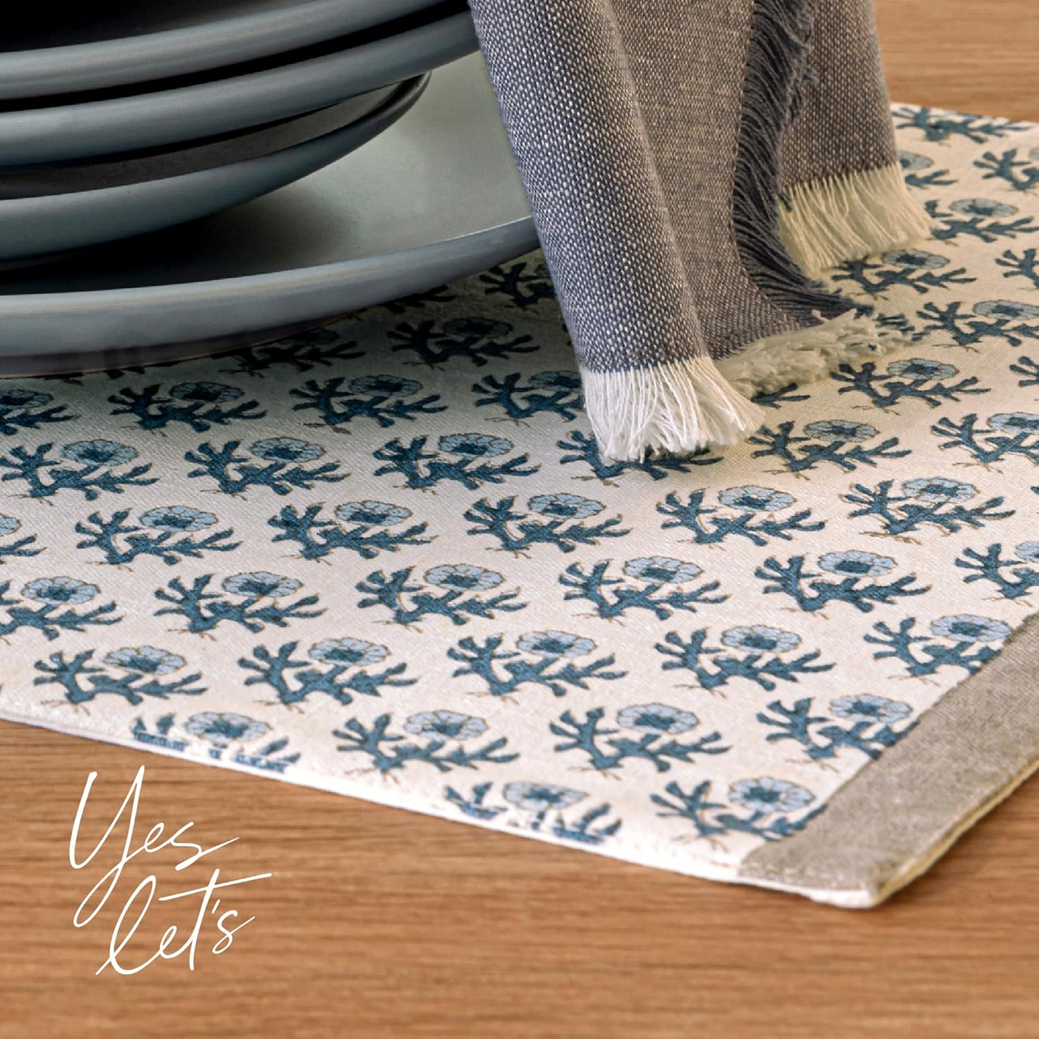 Over&Back Set of 4 Hand-Blocked Placemats - Colorful Dining Table Mat - Each Placemat is Unique - 100% Cotton - Machine Washable - Kitchen and Home Decor - Blue Blossom