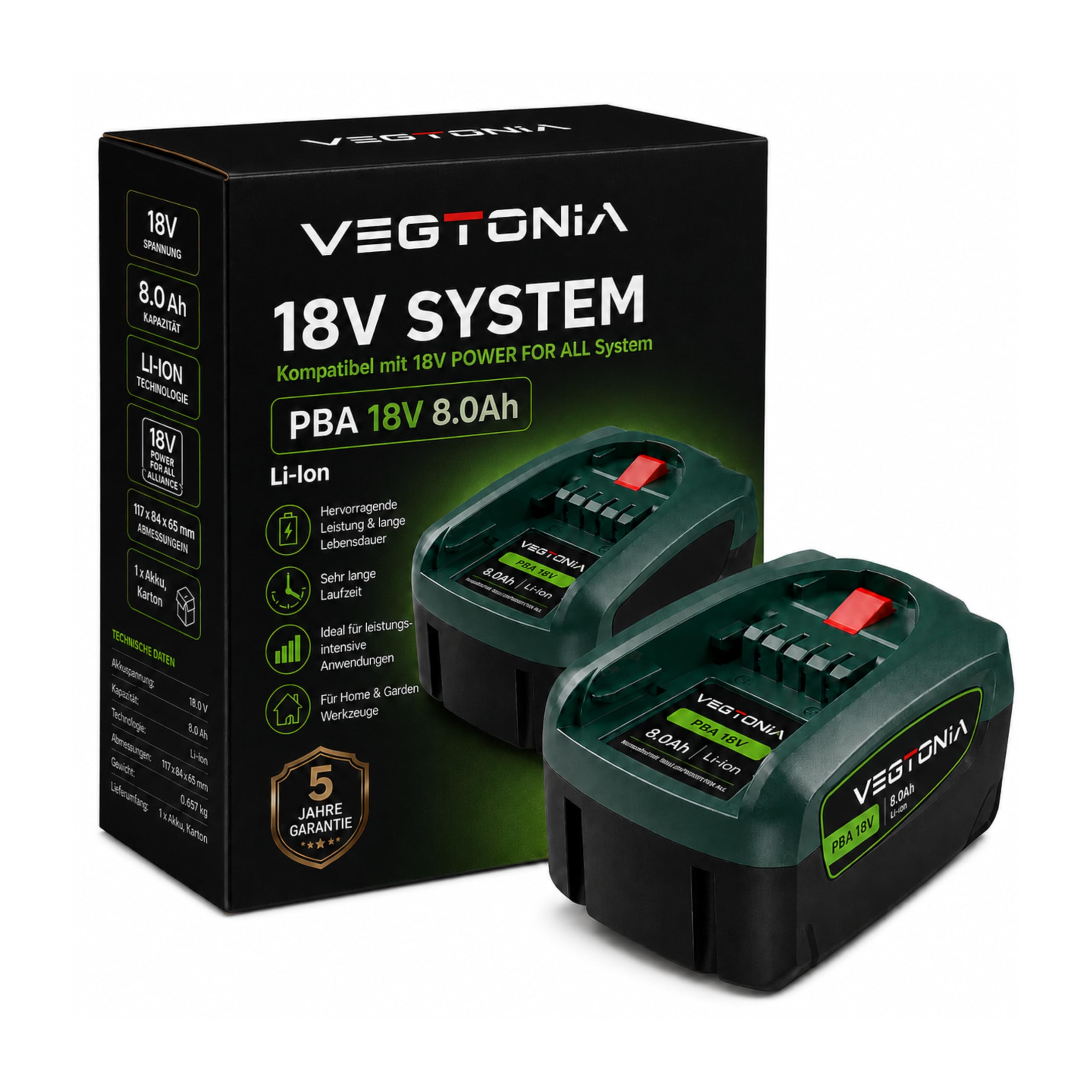 Batterie de rechange 18 V 8,0 Ah compatible avec Bosch 18 V Power for All System | Batterie Li-Ion 144 Wh pour maison, jardin et outils | Batterie de rechange puissante