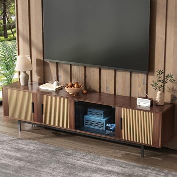 TV Cabinets with Adjustable LED Light, TV Stand Unit with Tempered Glass Door, Lowboard with Carved Texture for Living Room, 200 * 35 * 53 cm, Black and Wood