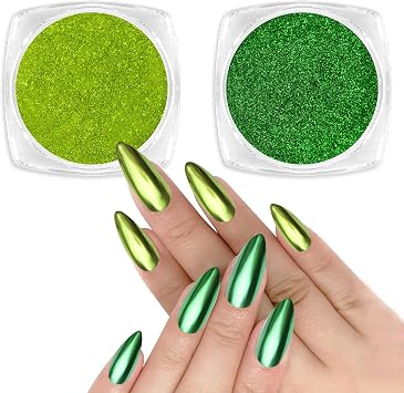 Allstarry Green Chrome Nail Powder, 2 Colors Metallic Effect Pigment | Mirror Chrome Powder Manicure Glitter Kit for Gel Polish St Patricks Day Nail Art Pattys Day Accessories - Wheat Field Green