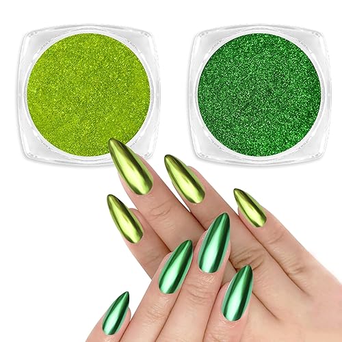 Allstarry Green Chrome Nail Powder, 2 Colors Metallic Effect Mirror