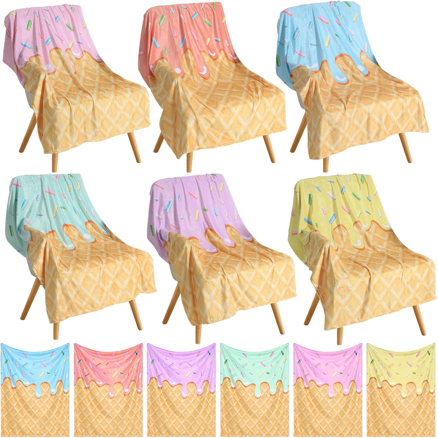 Hahafelt 6 Pack Ice Cream Throw Blankets Cute Dessert Flannel Blanket Soft Cozy Aesthetic Throw for Couch Bed Dorm Room Decor Ice Cream Party Favors Summer Party Gifts