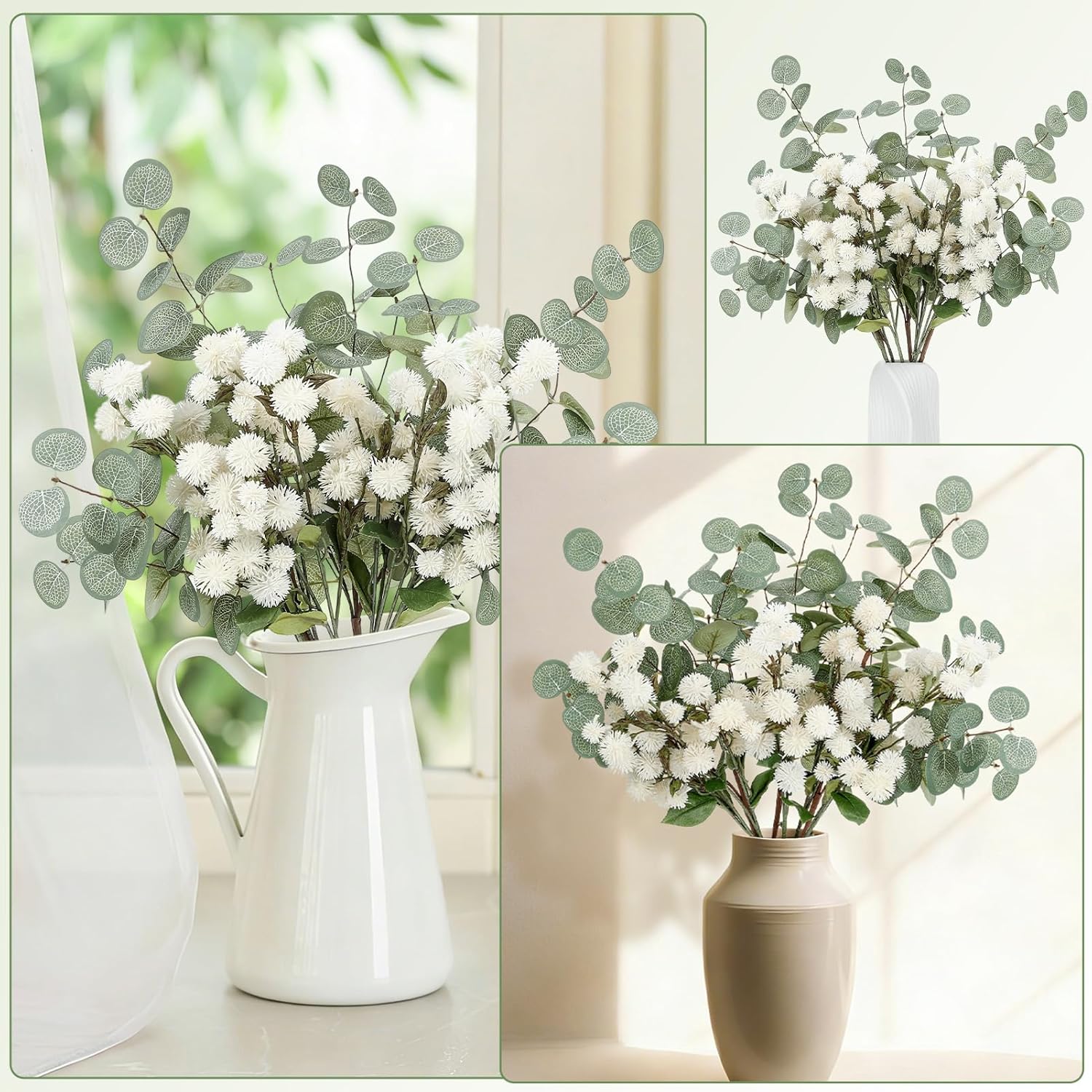 Artificial White Flower Chrysanthemum and Eucalyptus Stems Set,Faux Pom Pom Flowers with Realistic Silk Eucalyptus Leaves Bendable Long Stems for Vase Home Table Centerpiece Decor
