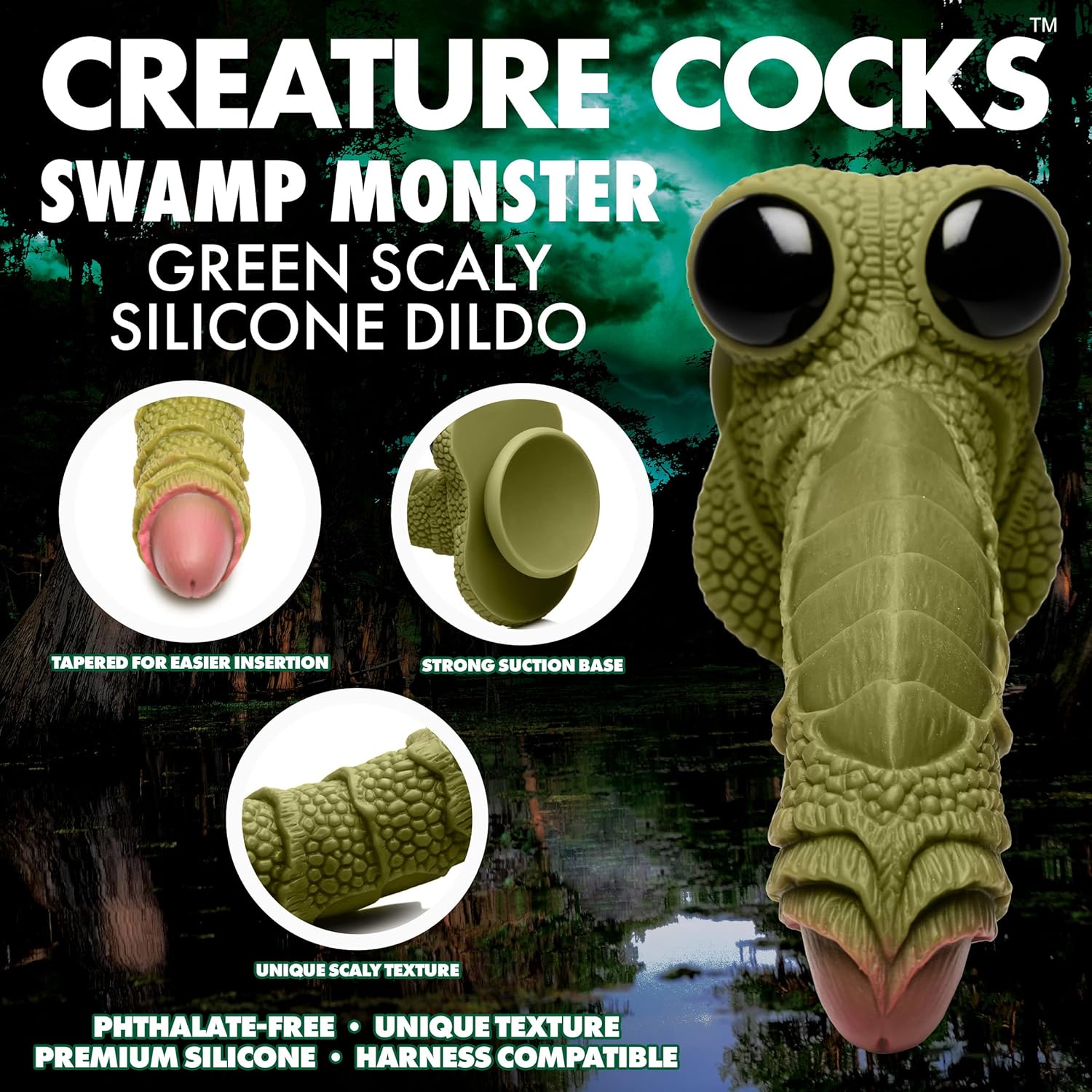 CREATURE COCKS Swamp Monster Dildo Made with Premium Silicone for Men Women & Couples, Fantasy Role Play, Harness Compatible with Strong Suction Base Phthalate-Free, 1 Piece - Green
